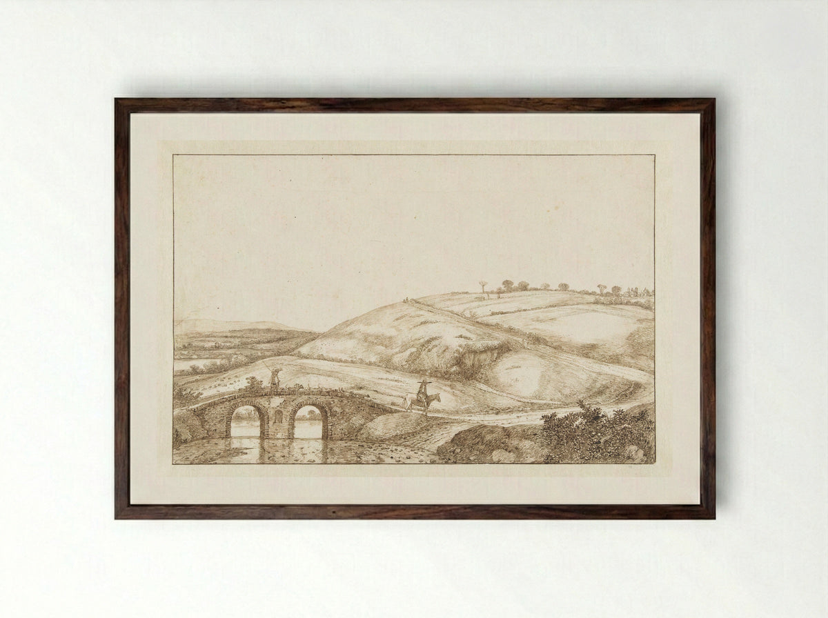 Heuvellandschap met stenen brug - Cornelis Hendriksz. Vroom - Framed Print Dark Wood