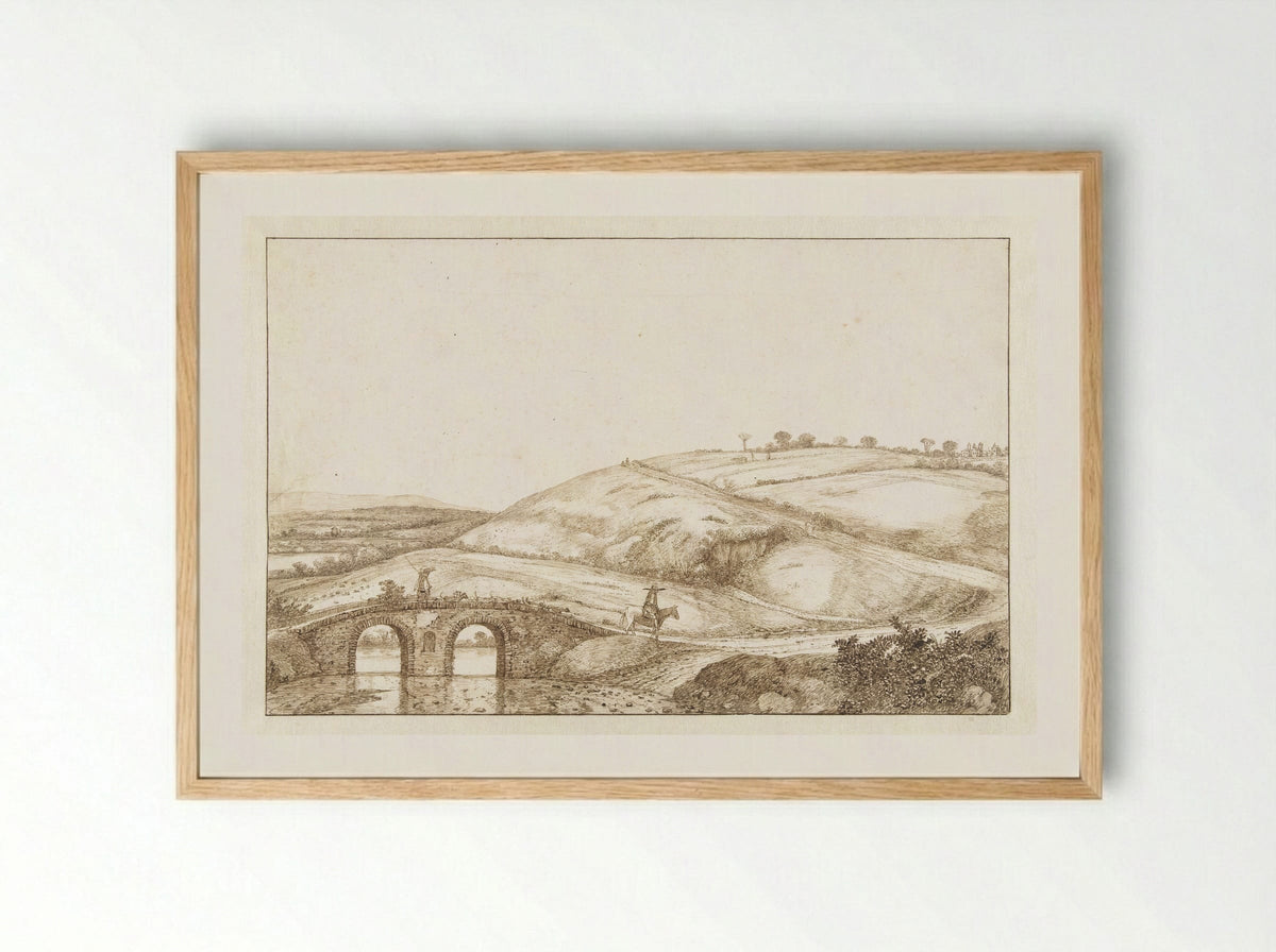 Heuvellandschap met stenen brug - Cornelis Hendriksz. Vroom - Framed Print Wood