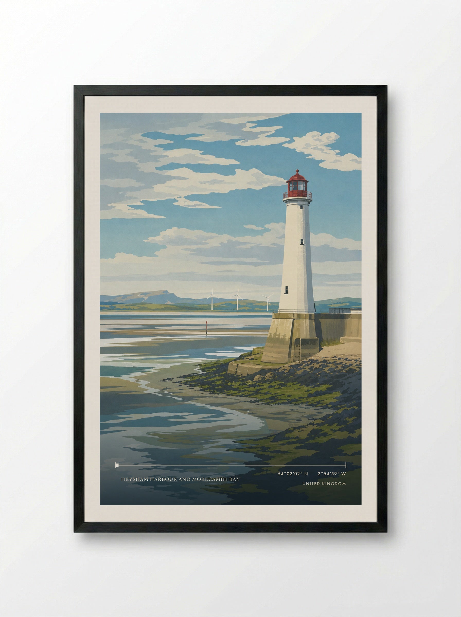 Heysham Harbour and Morecambe Bay United Kingdom Travel Poster - Framed Print Black