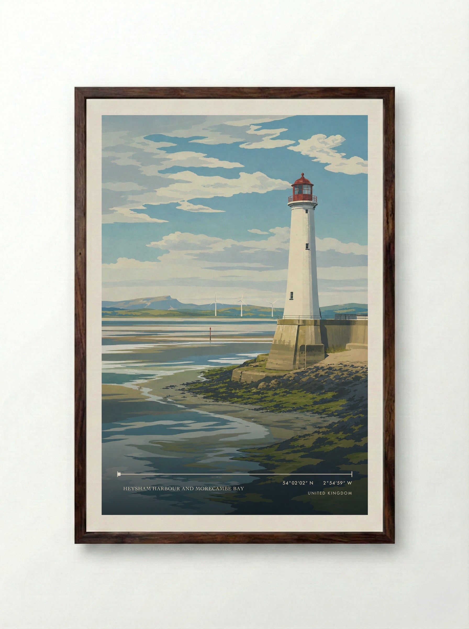 Heysham Harbour and Morecambe Bay United Kingdom Travel Poster - Framed Print Dark Wood