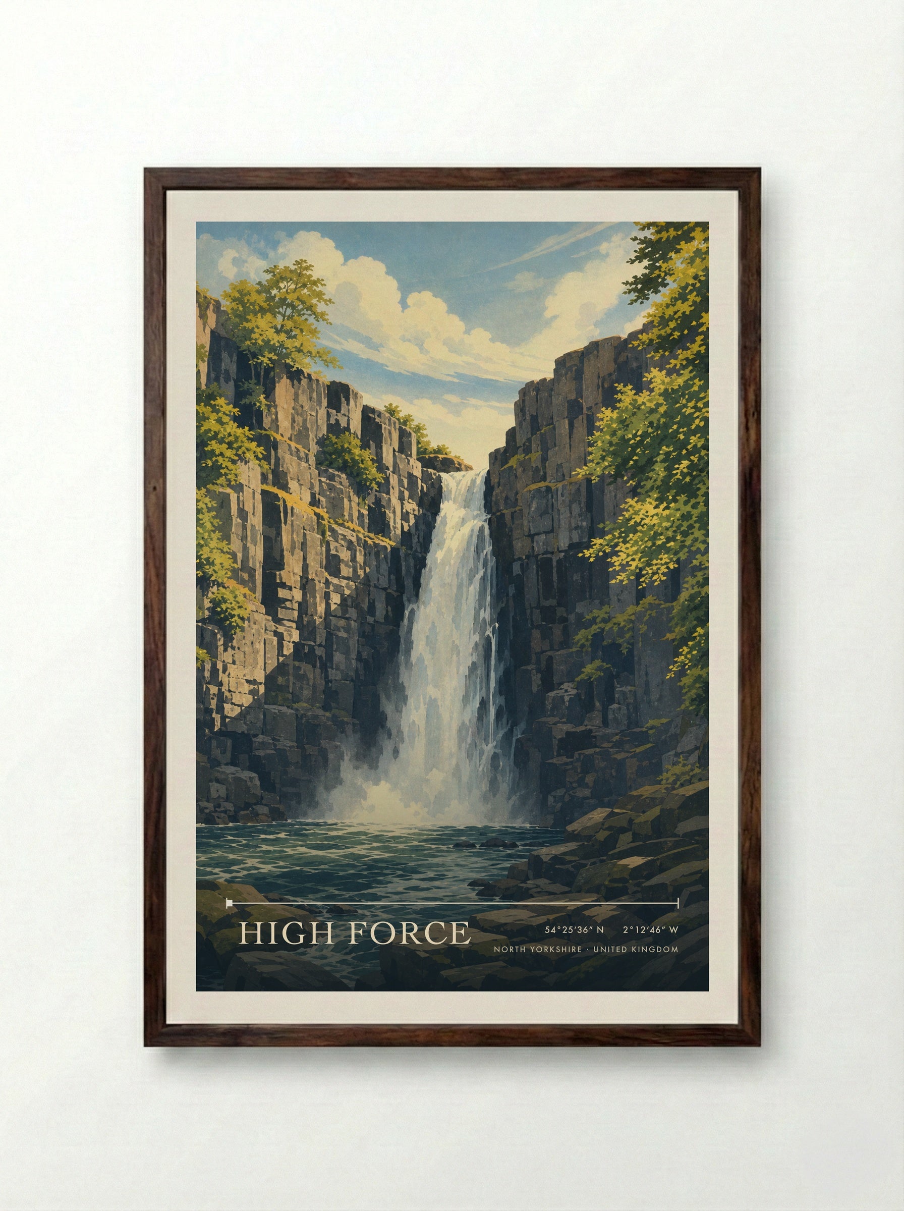 High Force North Yorkshire United Kingdom Travel Poster - Framed Print Dark Wood