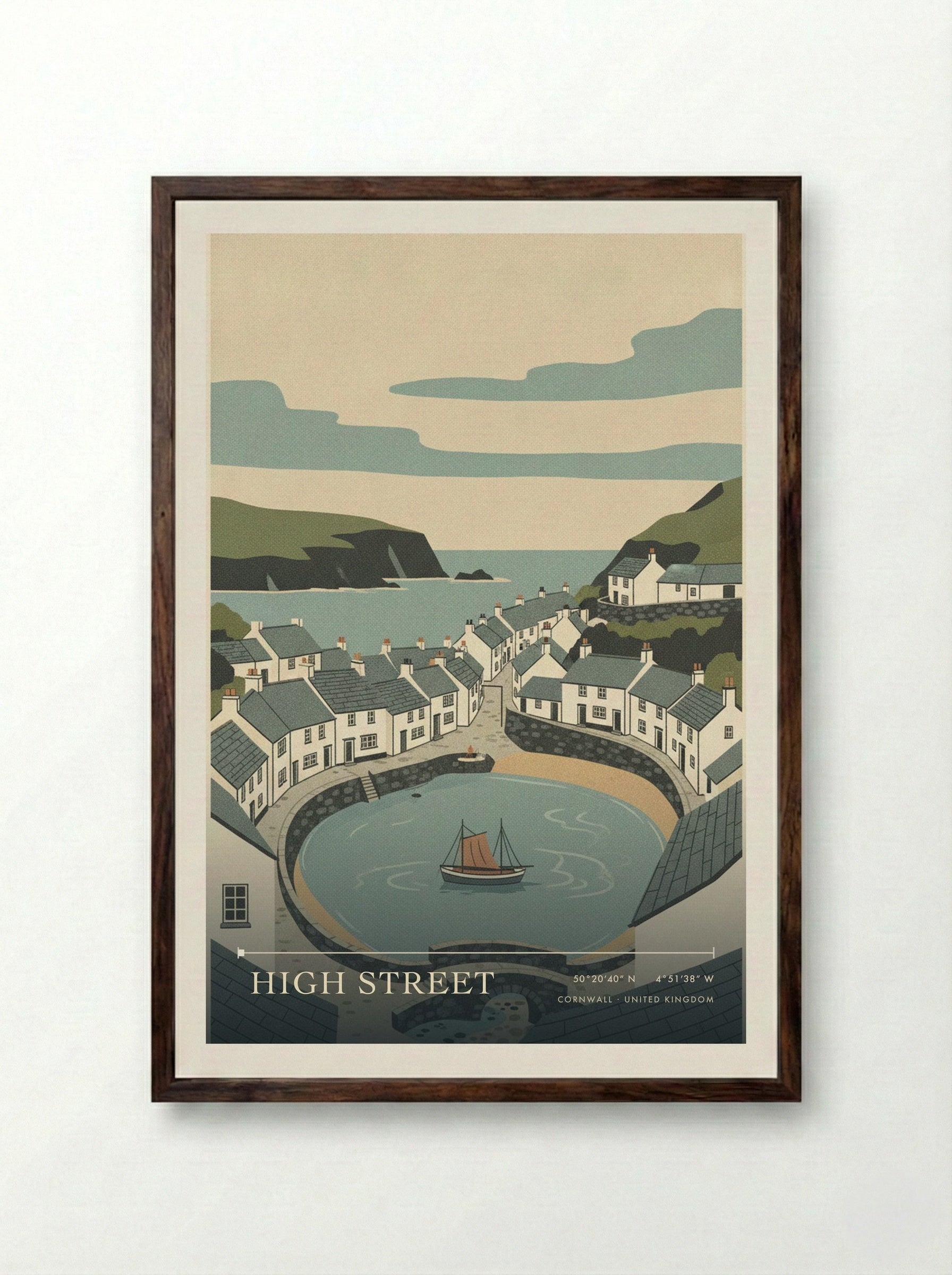 High Street Cornwall United Kingdom Travel Poster - Framed Print Dark Wood