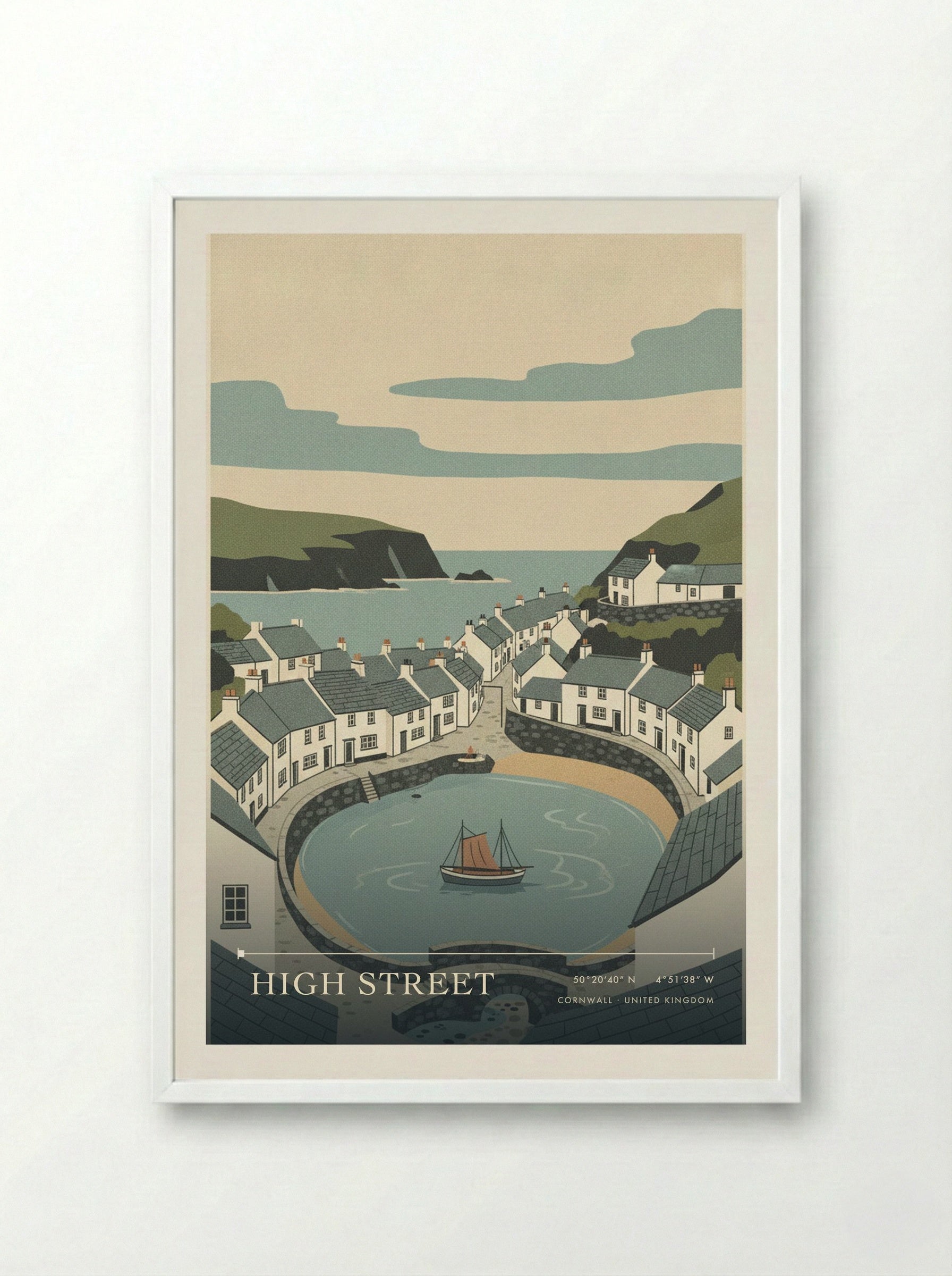 High Street Cornwall United Kingdom Travel Poster - Framed Print White