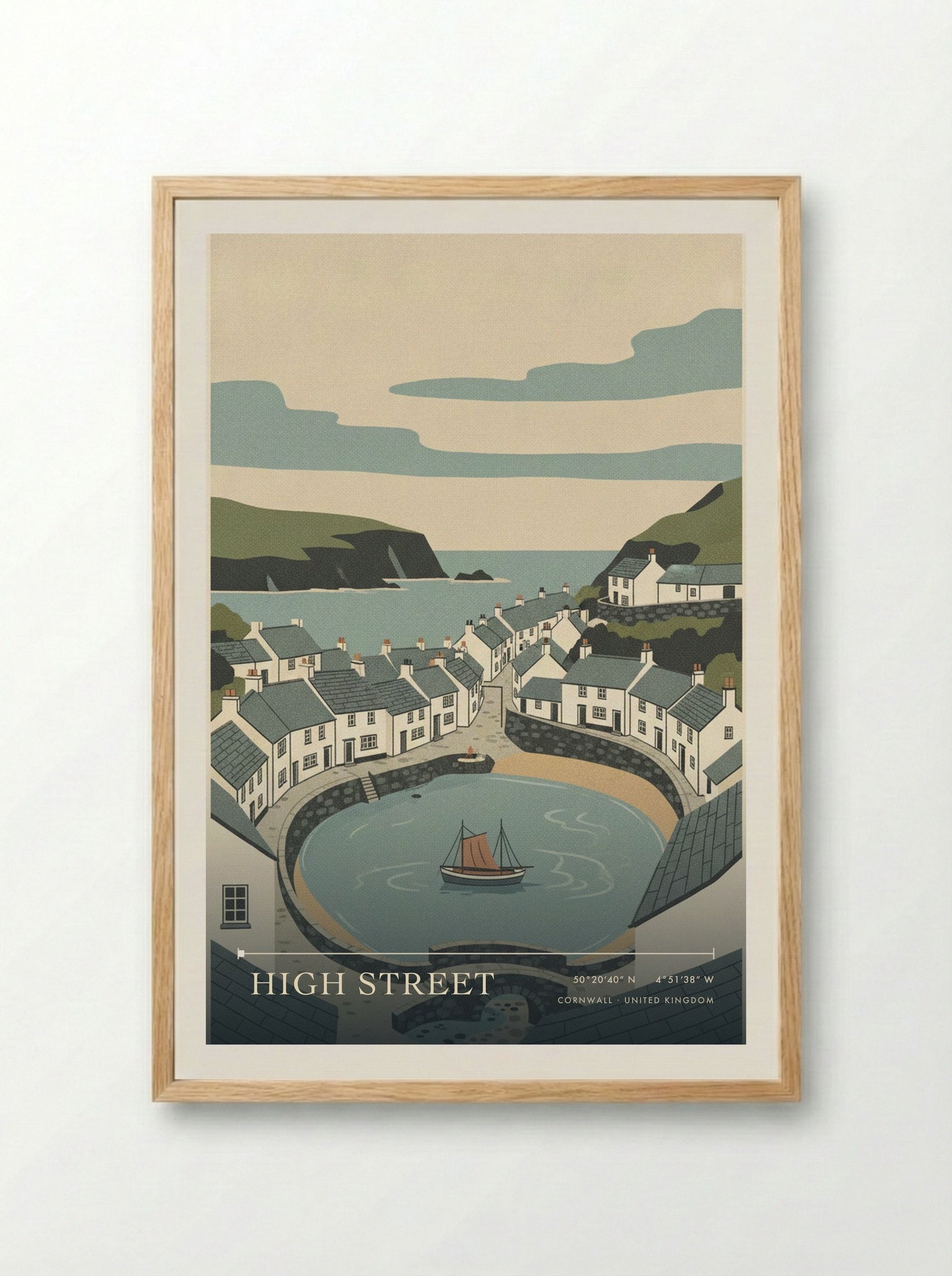 High Street Cornwall United Kingdom Travel Poster - Framed Print Wood