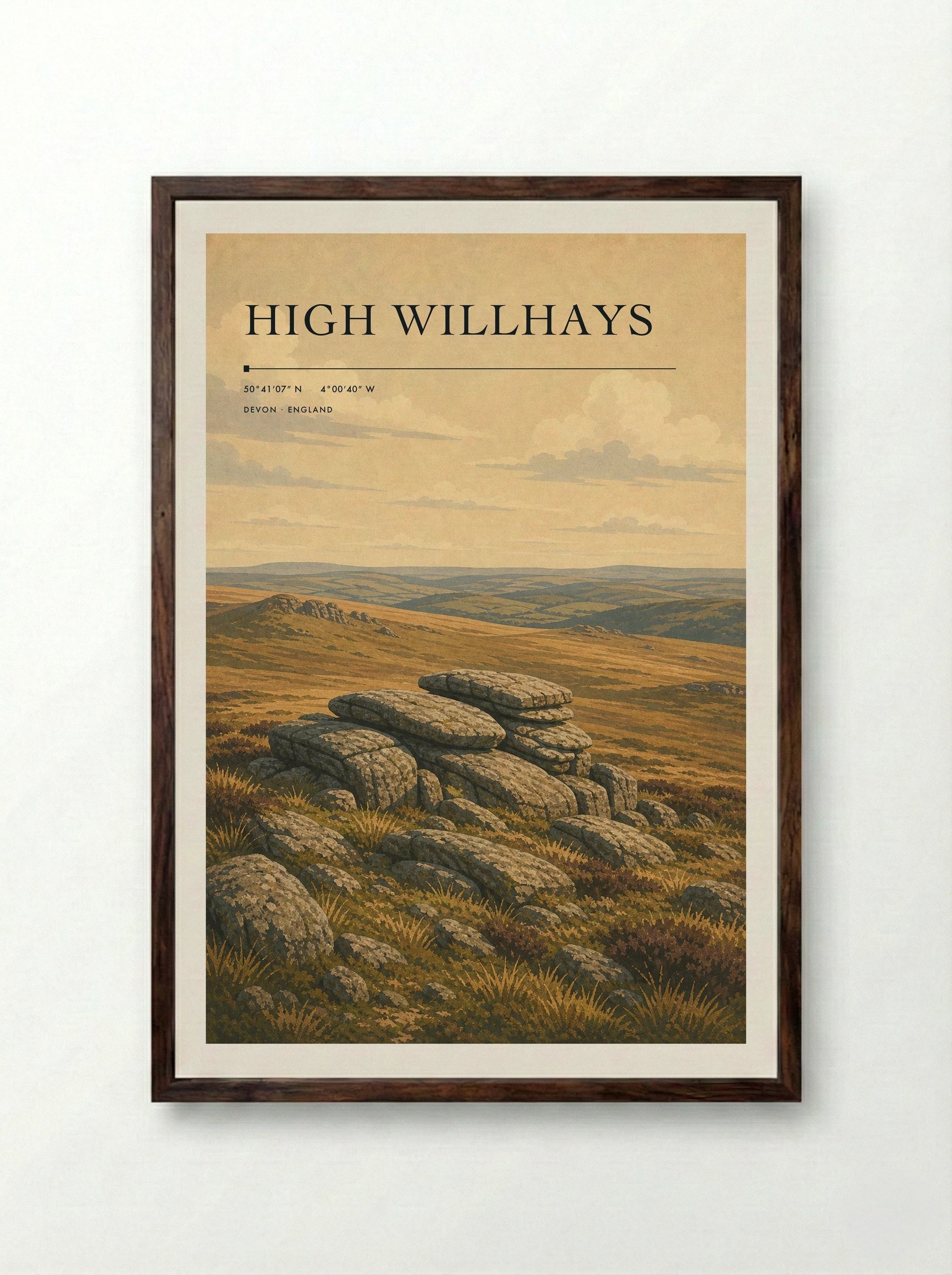 High Willhays Devon England Travel Poster - Framed Print Dark Wood
