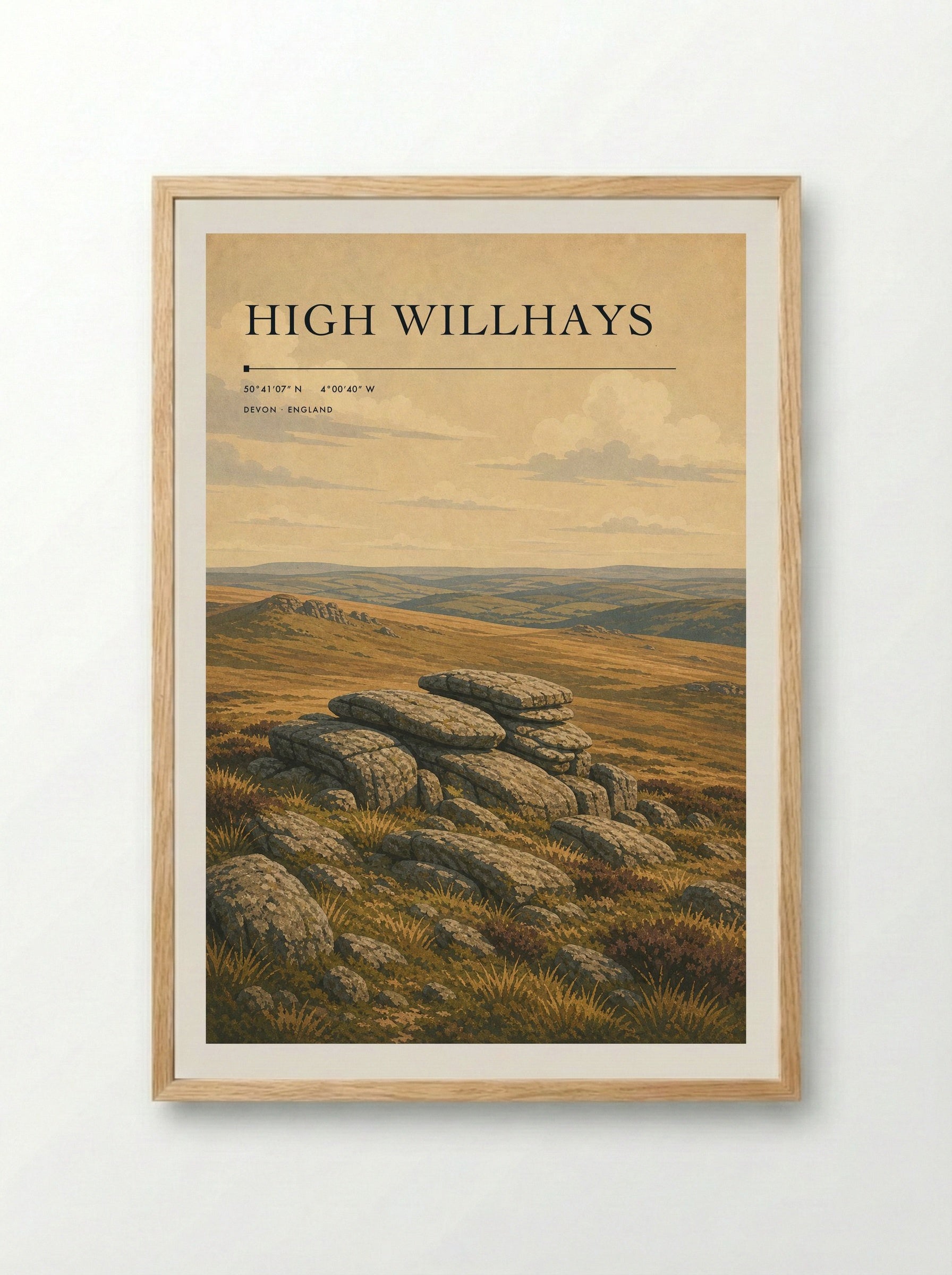 High Willhays Devon England Travel Poster - Framed Print Wood