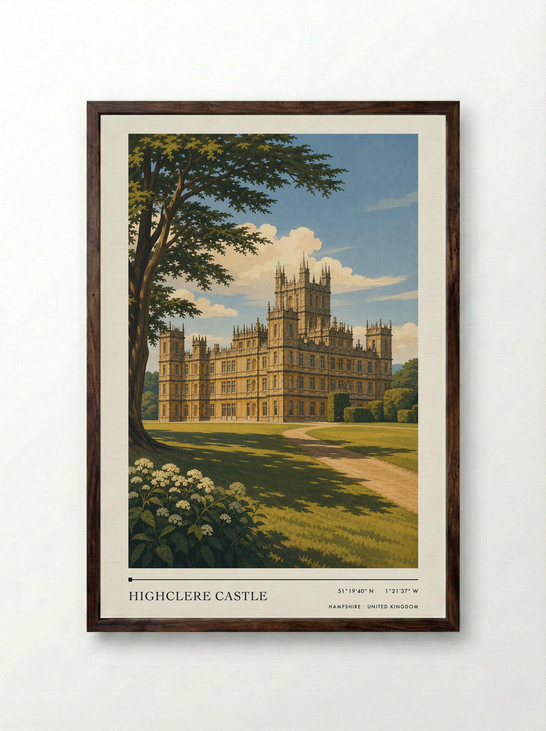 Highclere Castle Hampshire United Kingdom Travel Poster - Framed Print Dark Wood