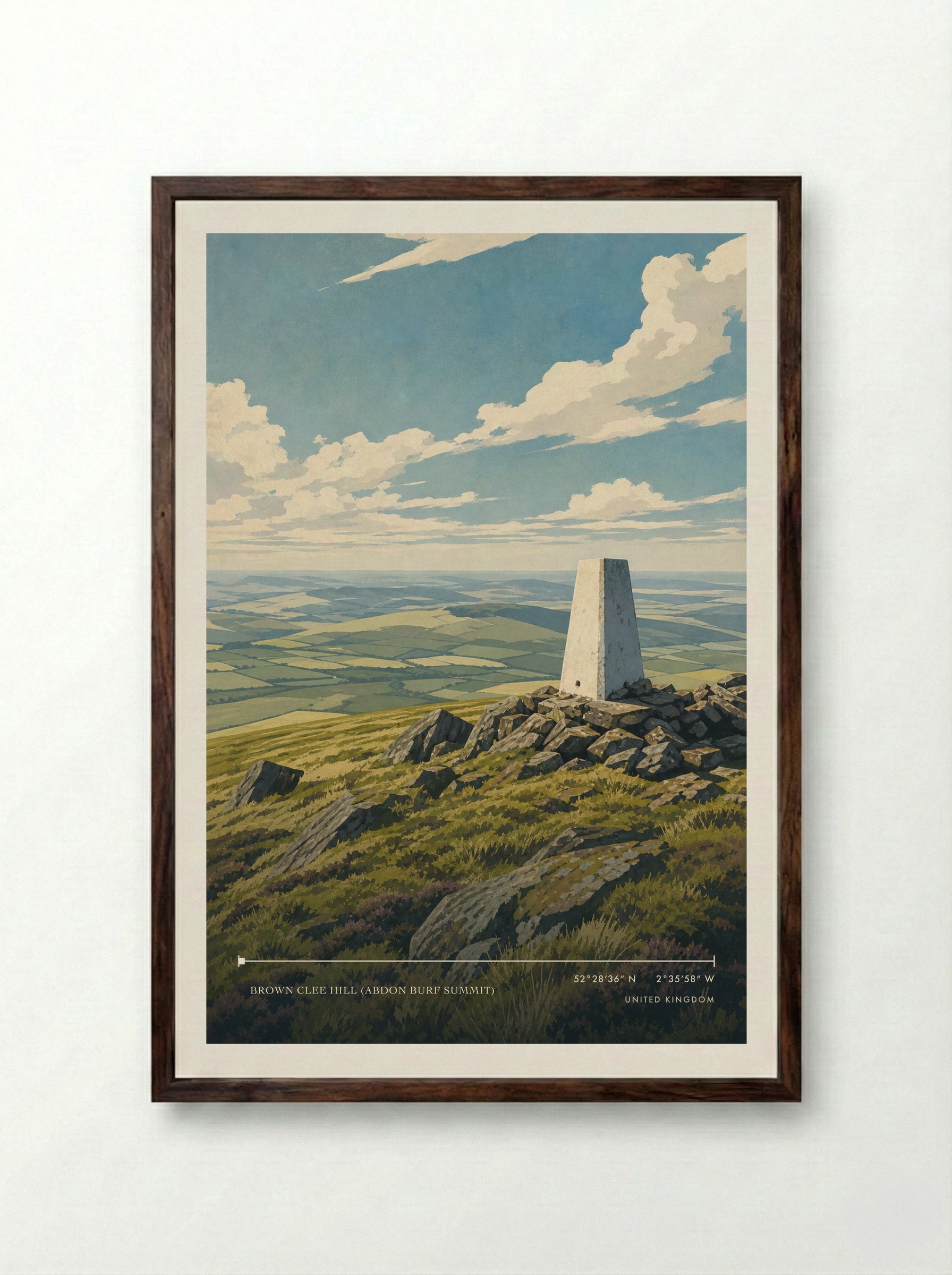Highest point: Brown Clee Hill, at 540m United Kingdom Travel Poster - Framed Print Dark Wood