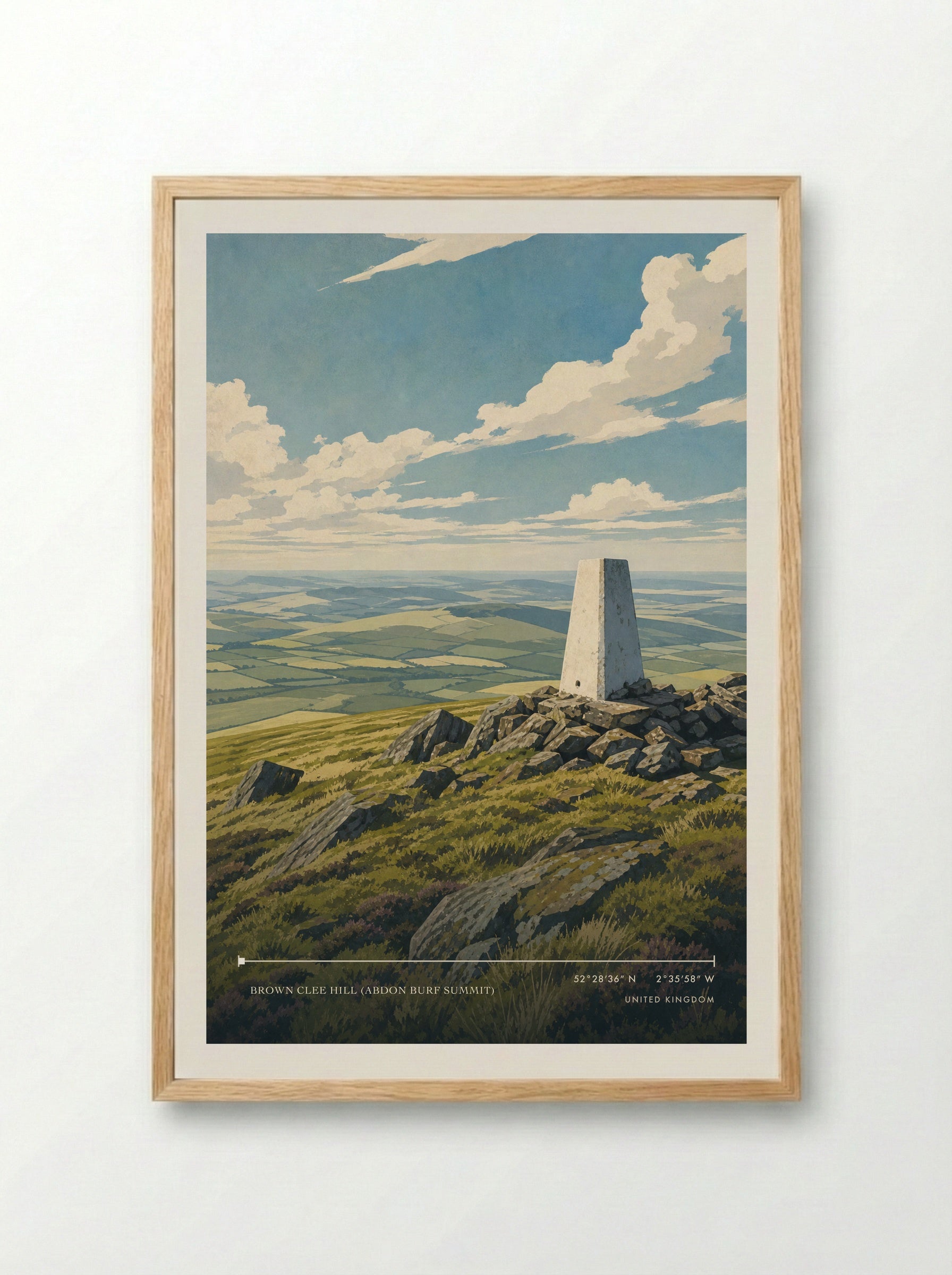 Highest point: Brown Clee Hill, at 540m United Kingdom Travel Poster - Framed Print Wood