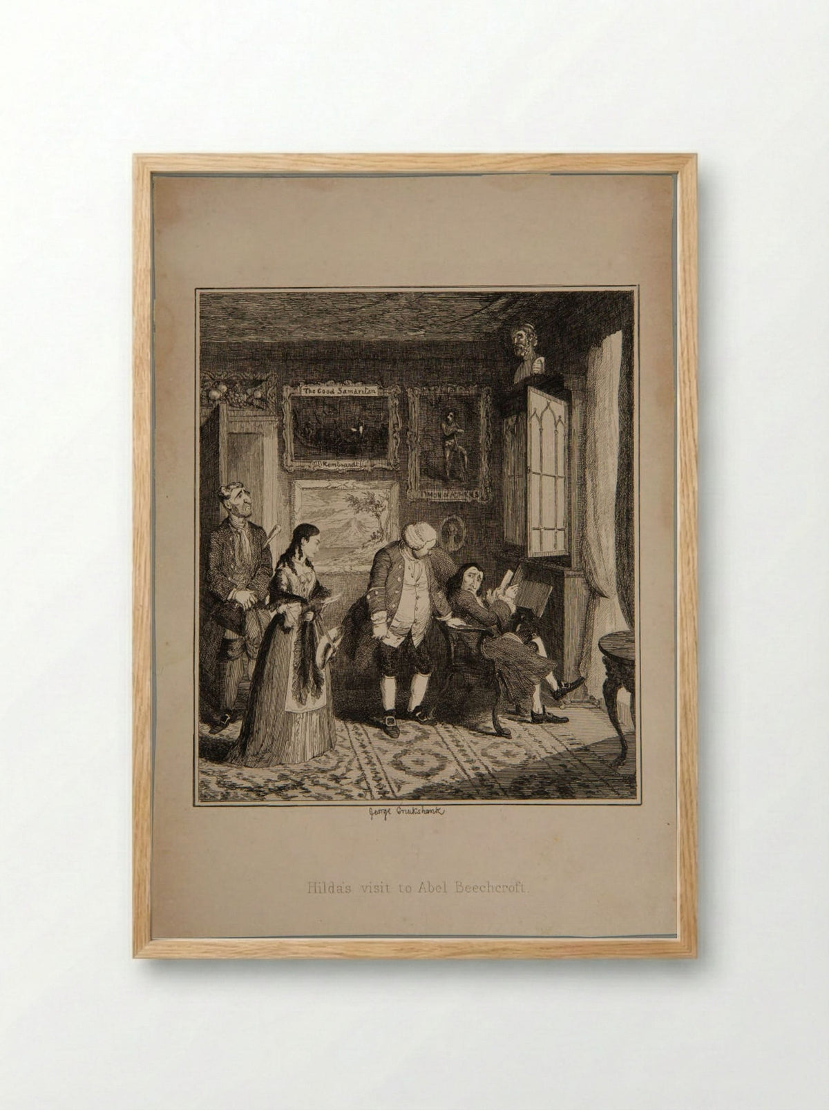 Hilda's visit to Abel Beechcroft - George Cruikshank - Framed Print Wood