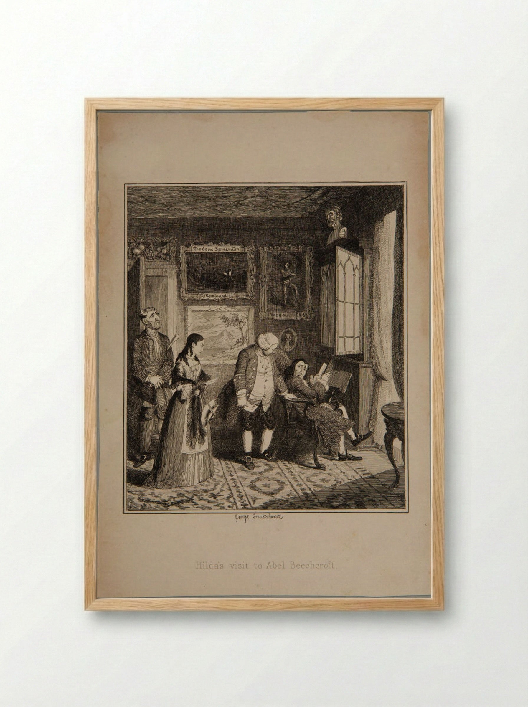 Hilda's visit to Abel Beechcroft - George Cruikshank - Framed Print Wood