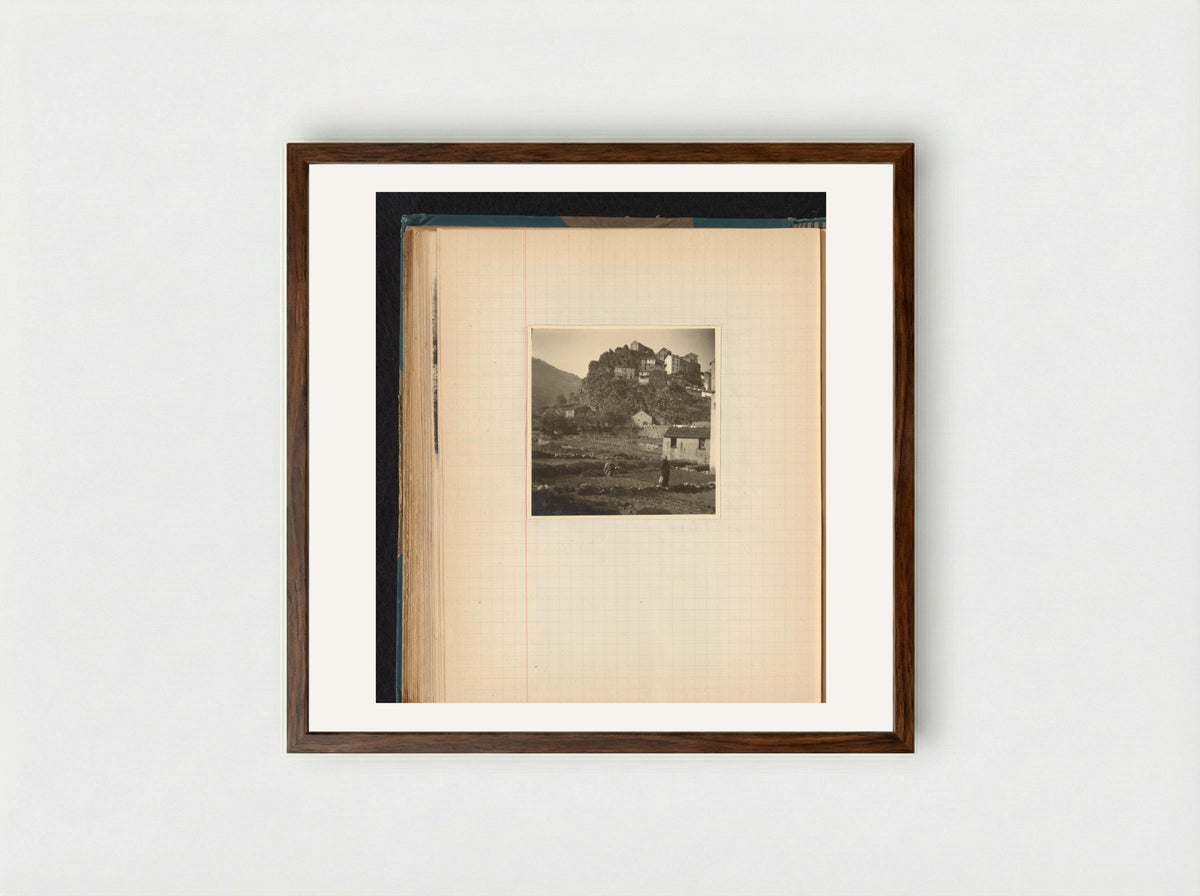 Hillside Houses and Agricultural Workers in Corte, Corsica - Théodore van Lelyveld - Framed Print Dark Wood