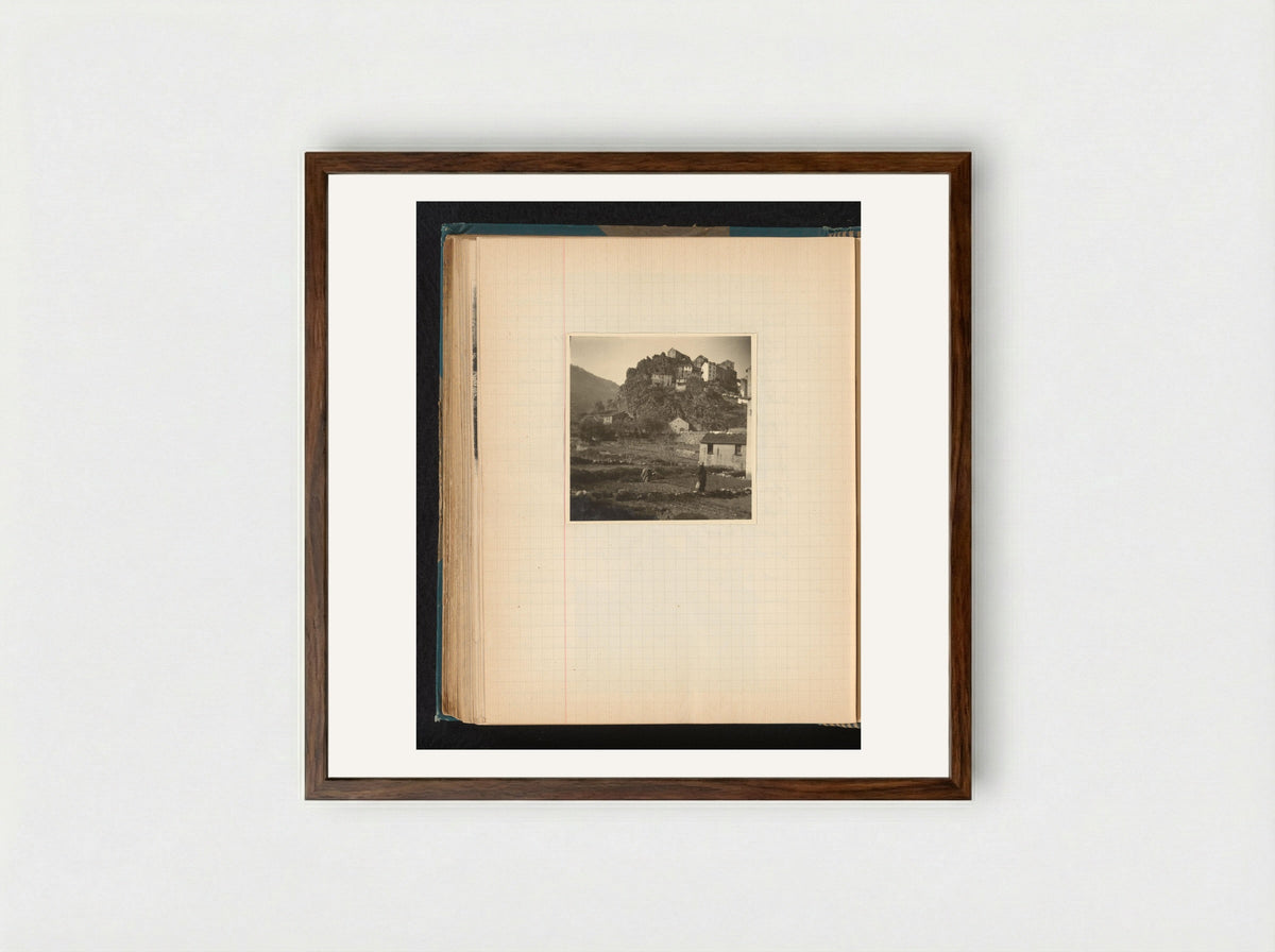 Hillside Houses and Agricultural Workers in Corte, Corsica - Théodore van Lelyveld - Framed Print Dark Wood