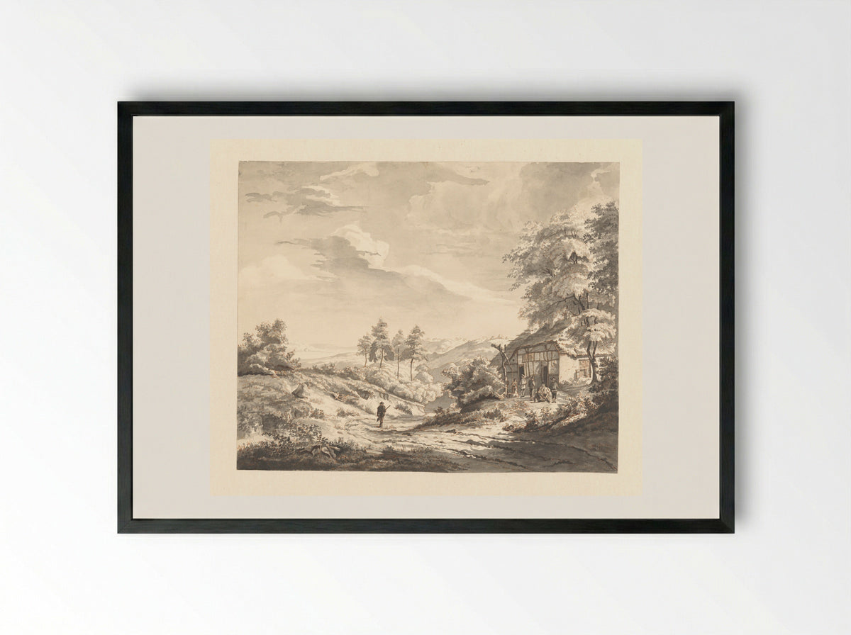 Hilly Landscape with Figures at an Inn - H. Brandt - Framed Print Black
