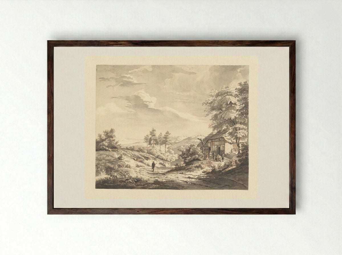 Hilly Landscape with Figures at an Inn - H. Brandt - Framed Print Dark Wood