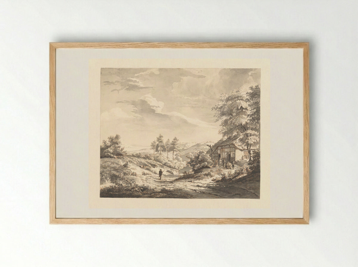 Hilly Landscape with Figures at an Inn - H. Brandt - Framed Print Wood
