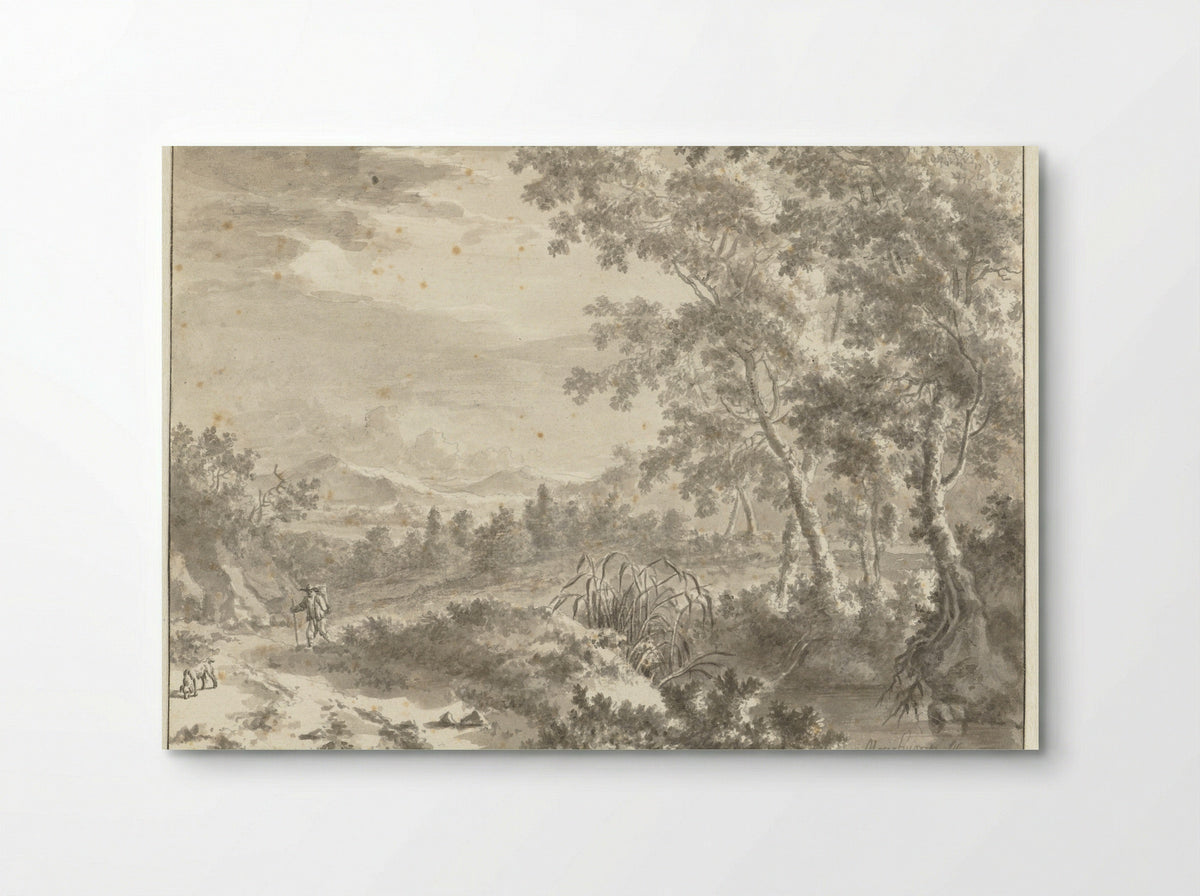 Hilly Landscape with Tall Trees and a Traveller - Frederik de Moucheron - Poster