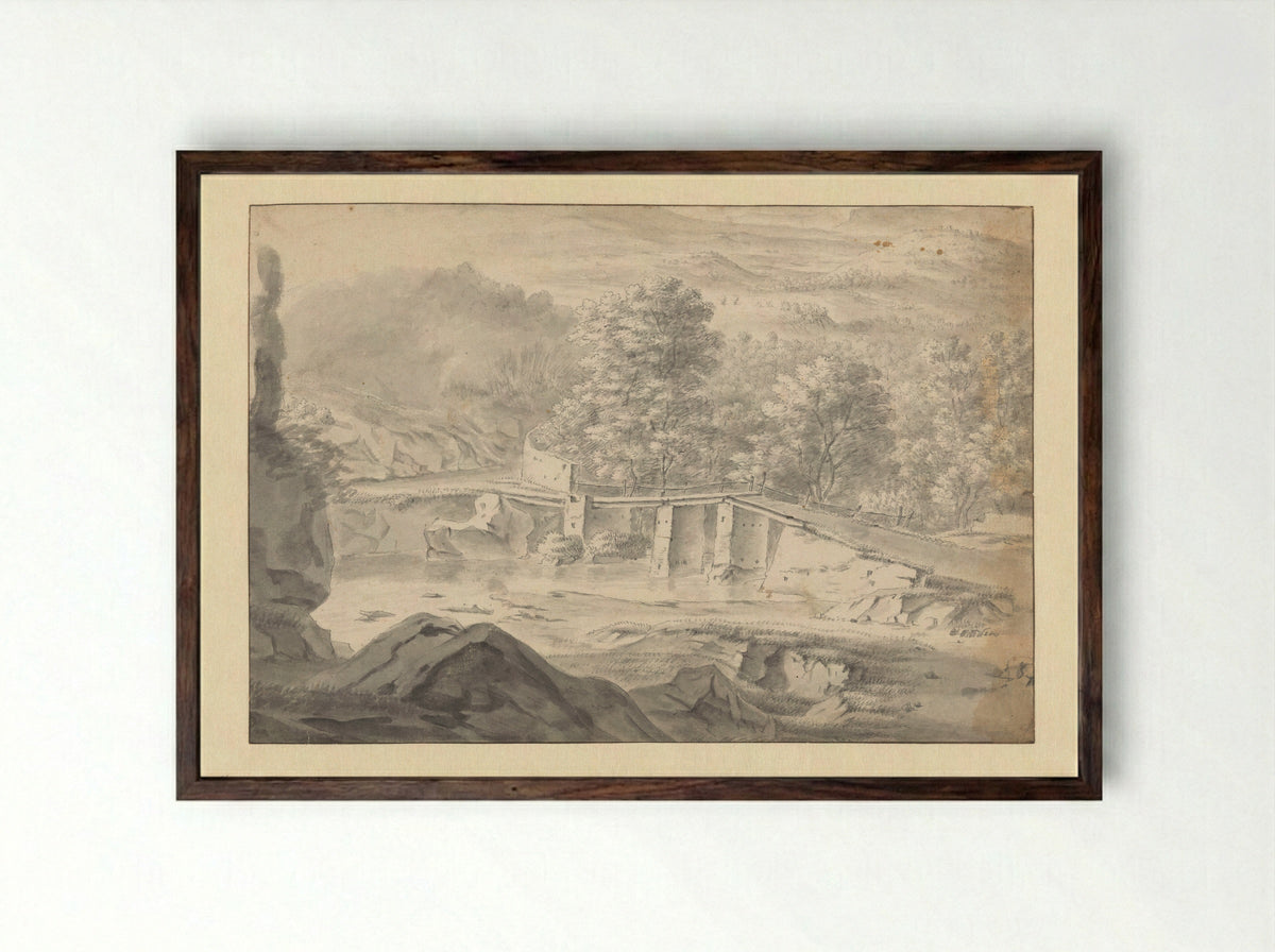 Hilly Landscape with a Bridge over a River - Philips Augustijn Immenraet - Framed Print Dark Wood