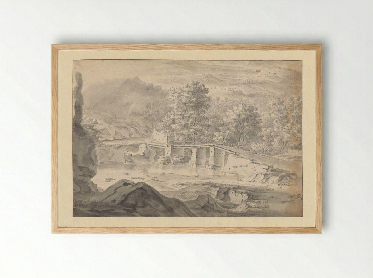 Hilly Landscape with a Bridge over a River - Philips Augustijn Immenraet - Framed Print Wood