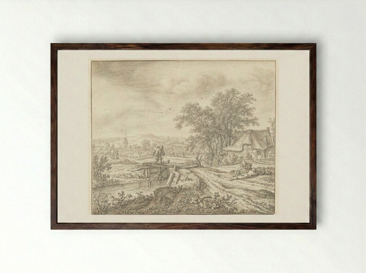 Hilly Landscape with a Farmhouse by a Small Bridge - Herman Saftleven - Framed Print Dark Wood