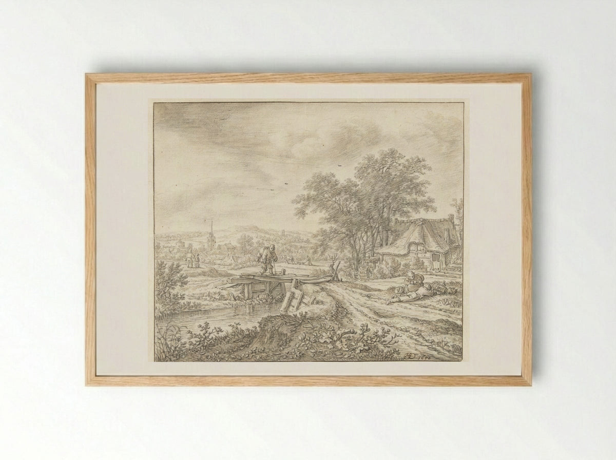 Hilly Landscape with a Farmhouse by a Small Bridge - Herman Saftleven - Framed Print Wood
