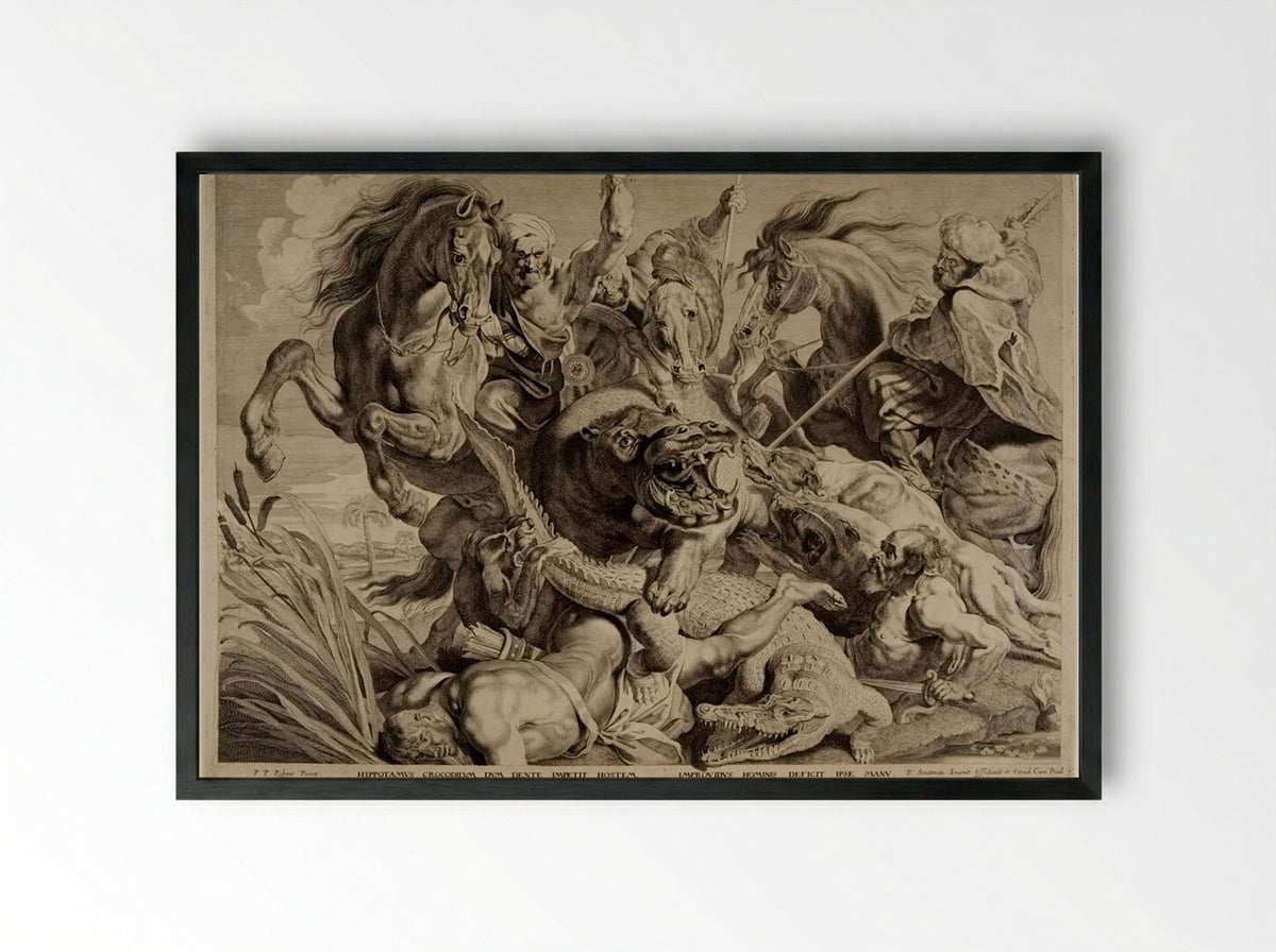 Hippopotamus and Crocodile Hunt - Pieter Soutman - Framed Print Black