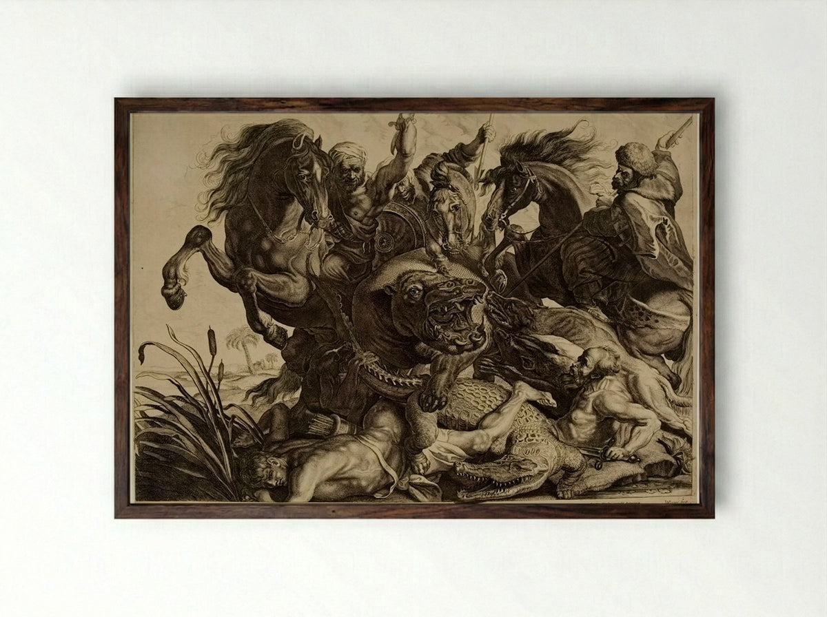Hippopotamus and Crocodile Hunt - Willem Pietersz. de Leeuw - Framed Print Dark Wood