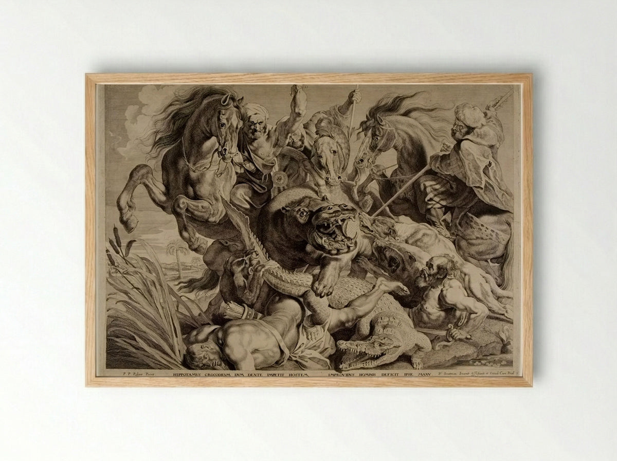 Hippopotamus and Crocodile Hunt - Pieter Soutman - Framed Print Wood