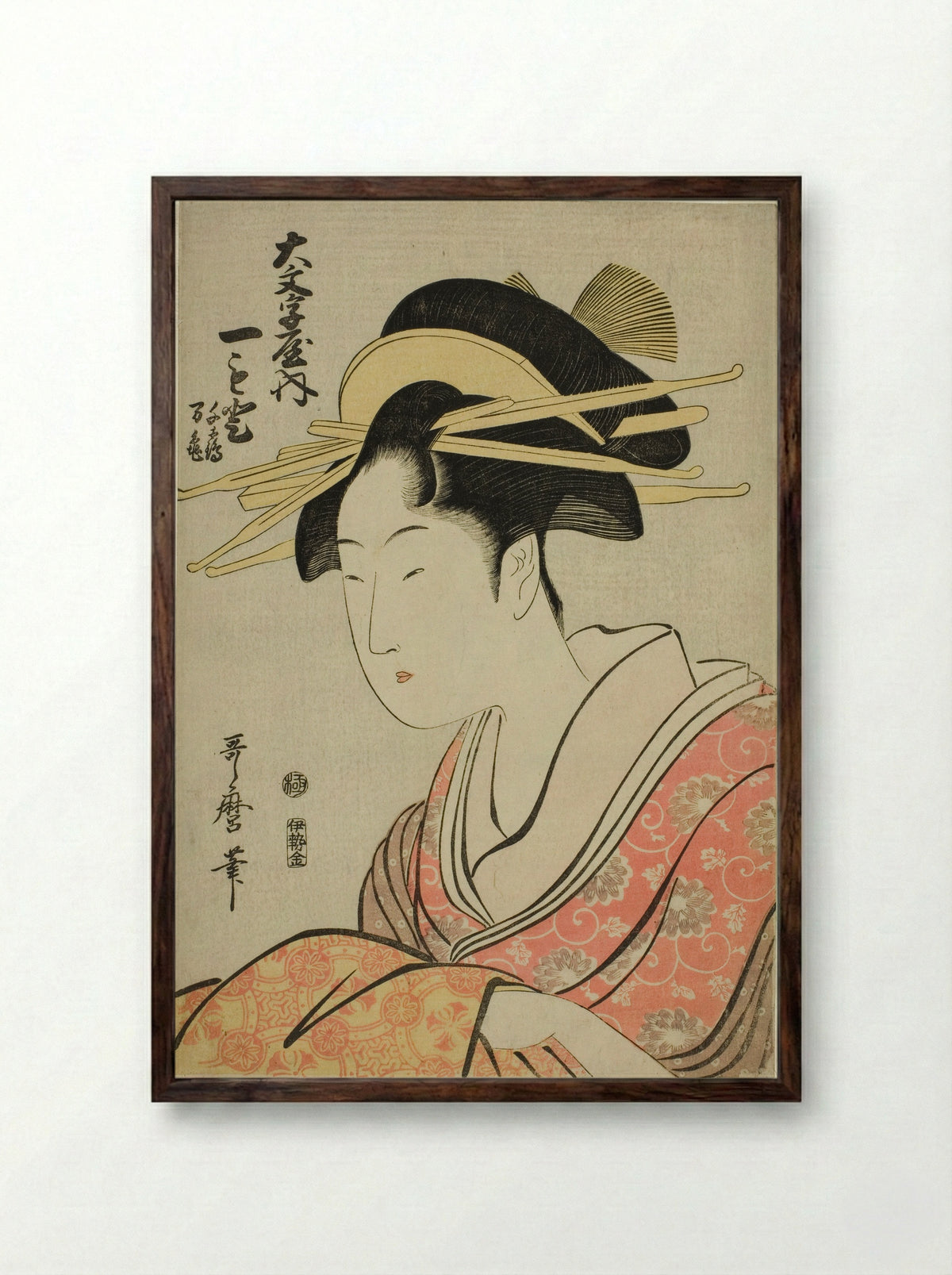 Hitomoto of the Daimonjiya with Attendants Senkaku and Banki - Kitagawa Utamaro - Framed Print Dark Wood