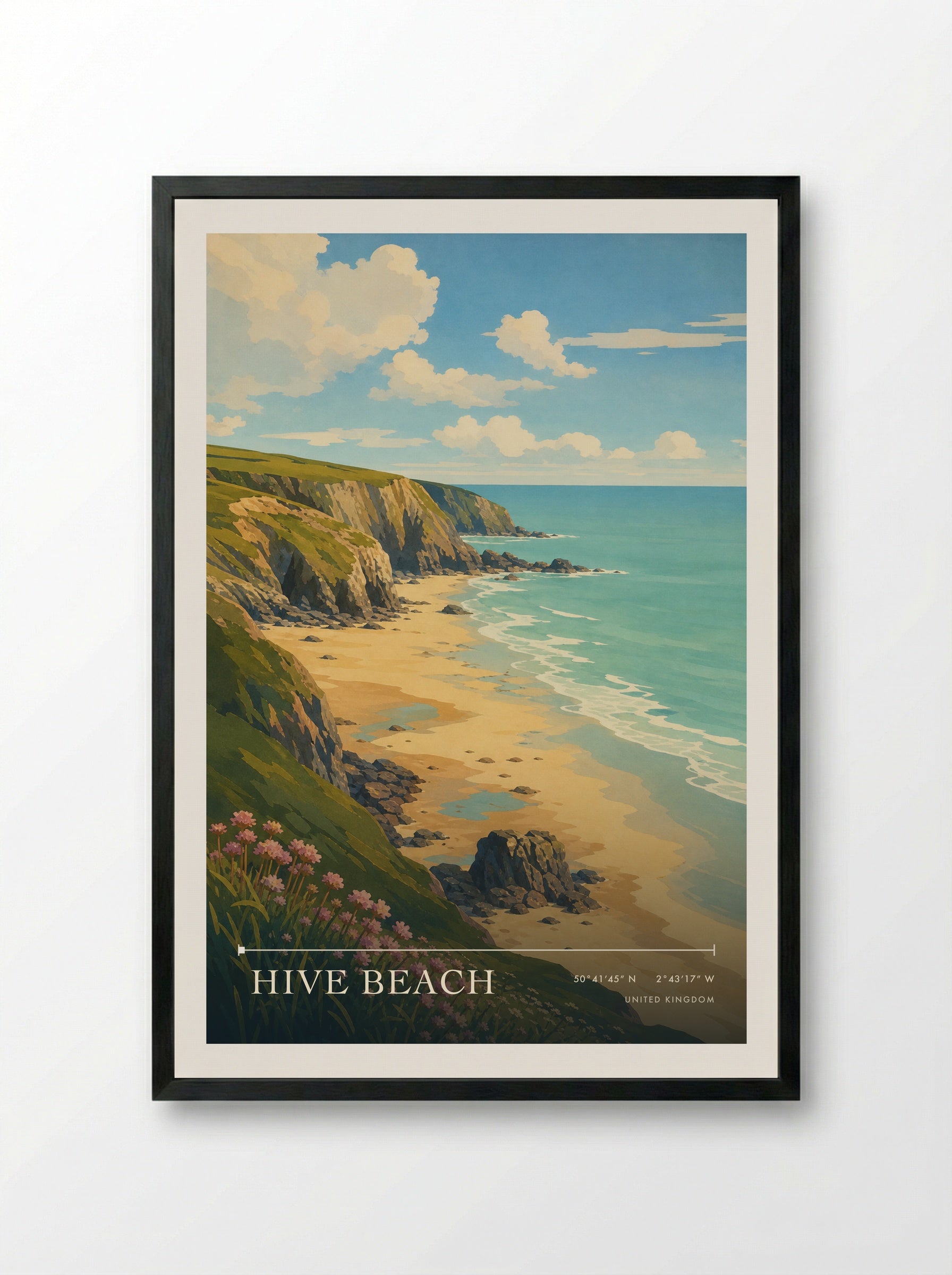 Hive Beach United Kingdom Travel Poster - Framed Print Black