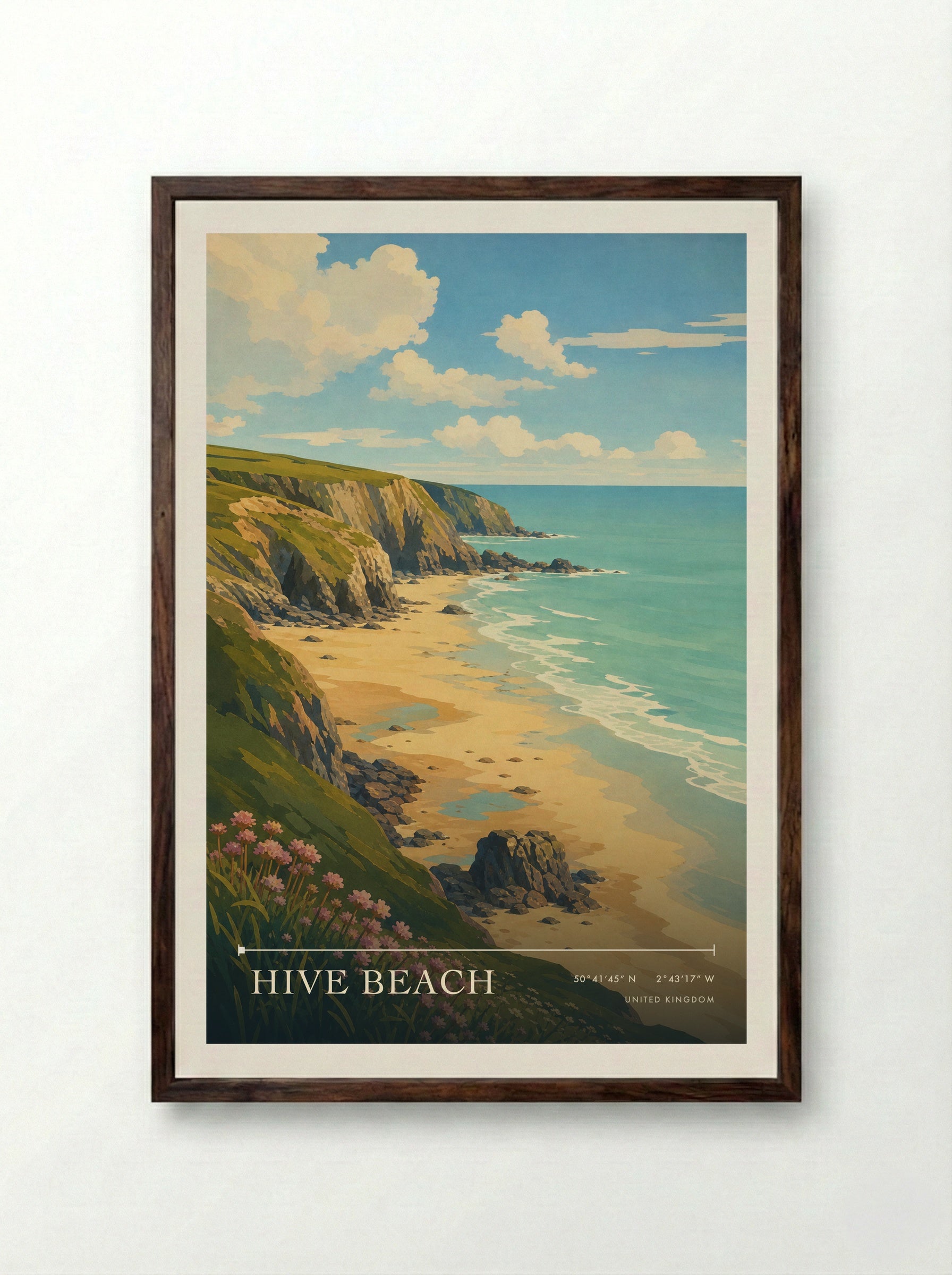 Hive Beach United Kingdom Travel Poster - Framed Print Dark Wood