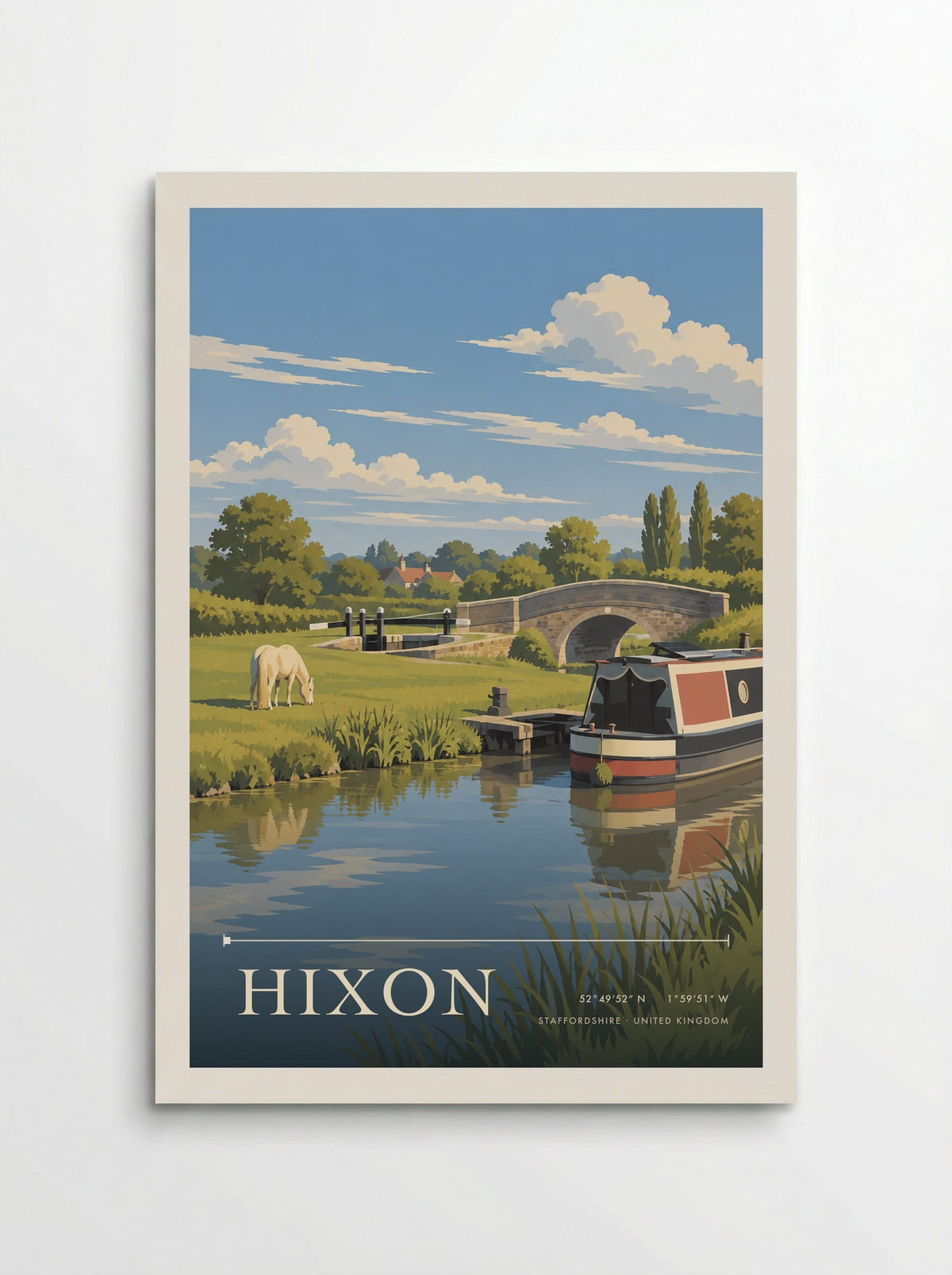 Hixon, Staffordshire travel poster: a colourful narrowboat, arched stone bridge and grazing horse beneath a blue summer sky