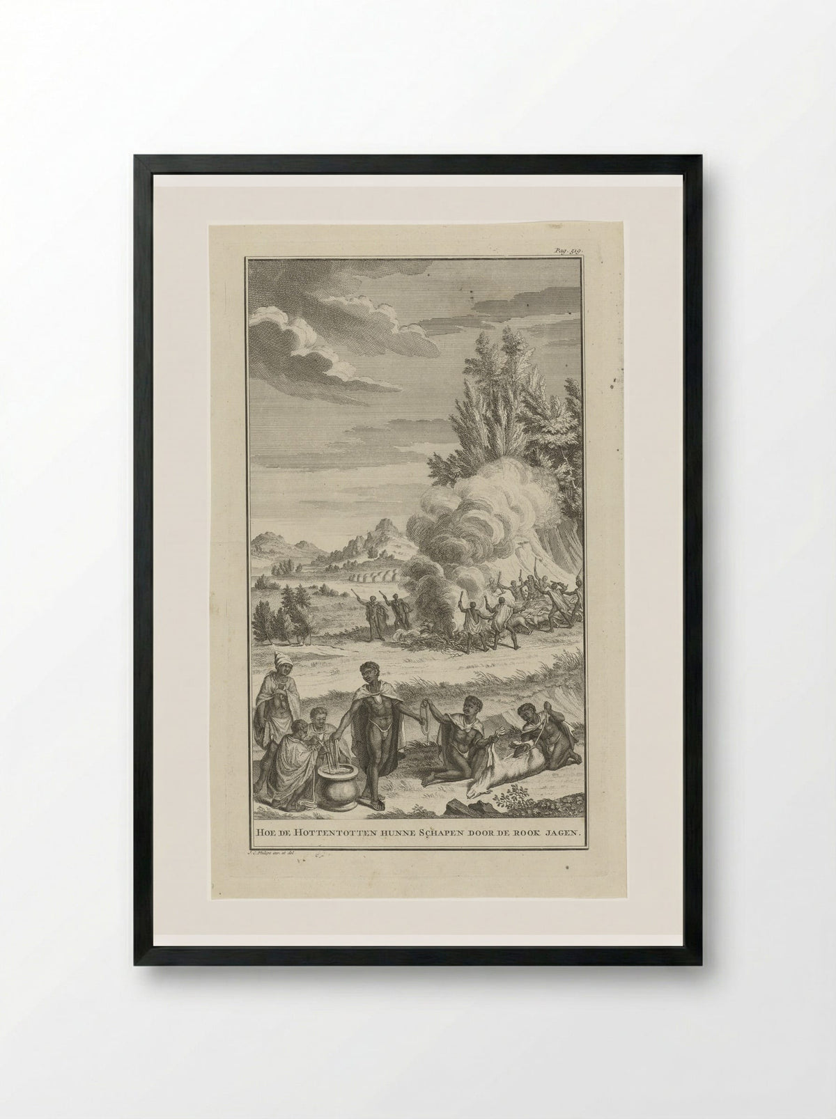Hoe de Hottentotten hunne schapen door de rook jagen - Jan Caspar Philips - Framed Print Black