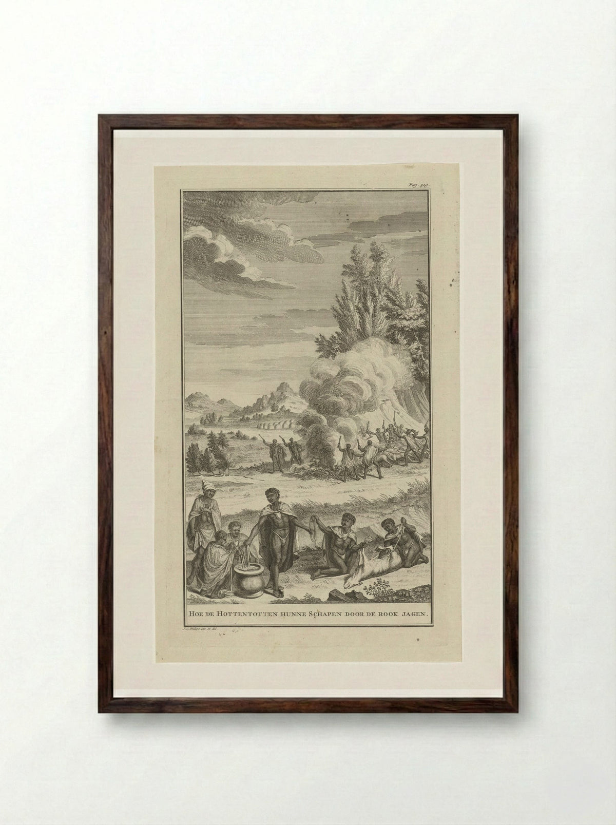 Hoe de Hottentotten hunne schapen door de rook jagen - Jan Caspar Philips - Framed Print Dark Wood