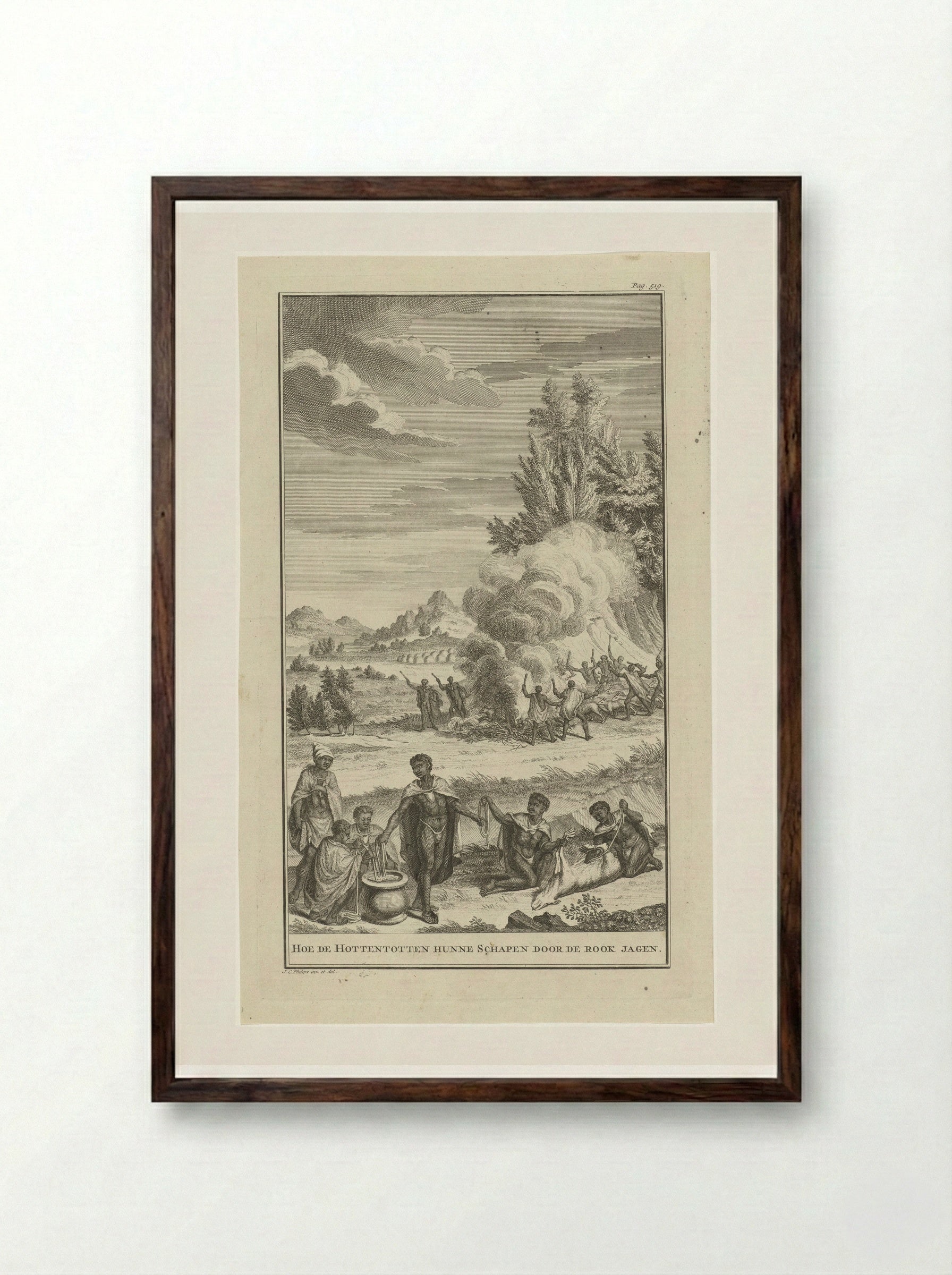 Hoe de Hottentotten hunne schapen door de rook jagen - Jan Caspar Philips - Framed Print Dark Wood