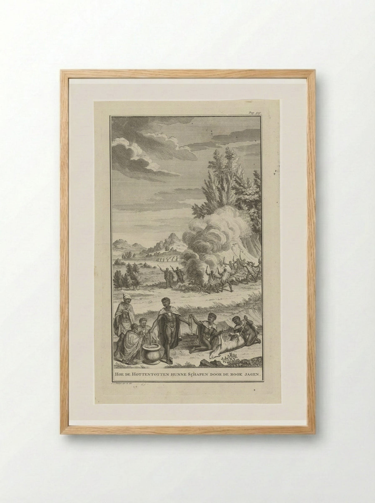 Hoe de Hottentotten hunne schapen door de rook jagen - Jan Caspar Philips - Framed Print Wood