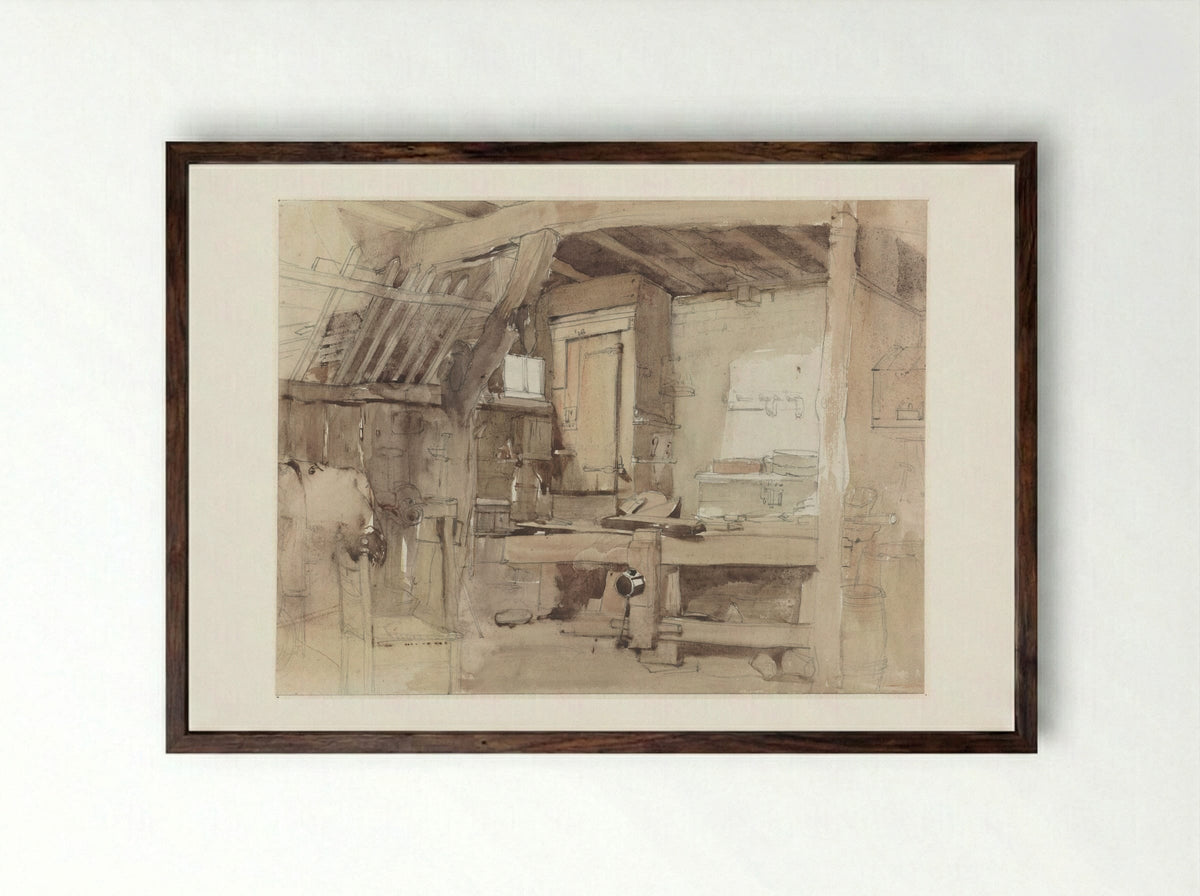 Hoek van de timmermanswerkplaats van huize Klingelbeek te Oosterbeek - Petrus Franciscus Greive - Framed Print Dark Wood