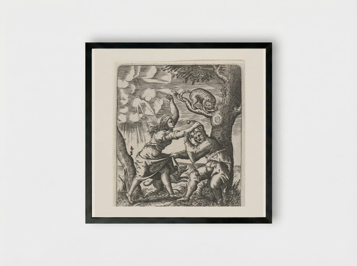 Hoer die een nar afranselt (A Prostitute Beating a Fool) - Johann Theodor de Bry - Framed Print Black