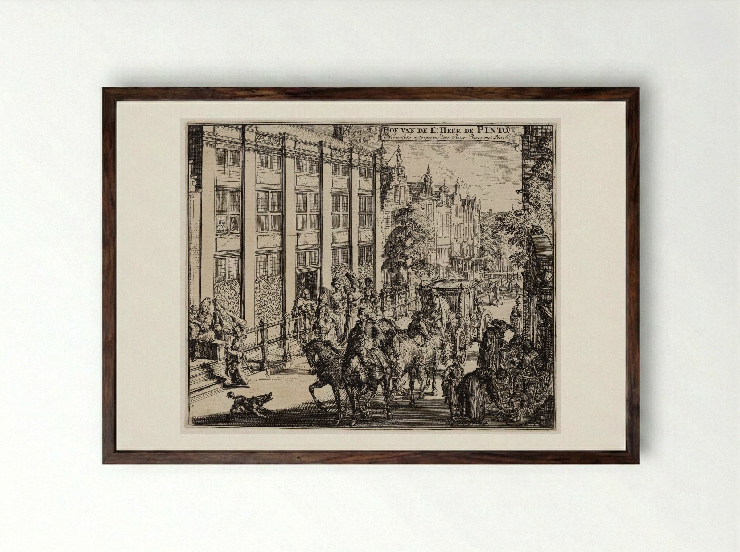 Hof van de E: Heer de Pinto - Romeyn de Hooghe - Framed Print Dark Wood