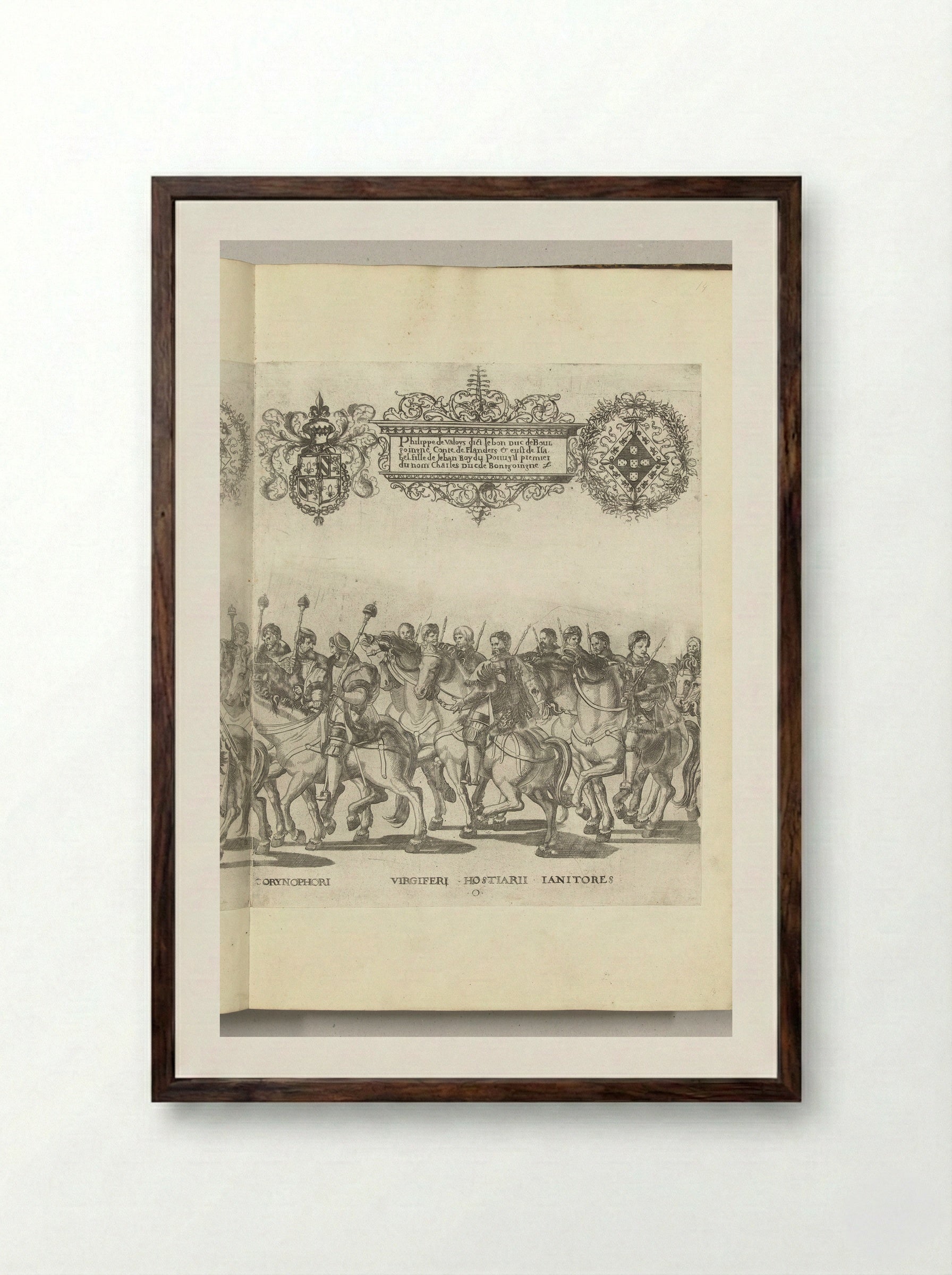 Hoffunctionarissen van Karel V, plaat O - Nicolaas Hogenberg - Framed Print Dark Wood