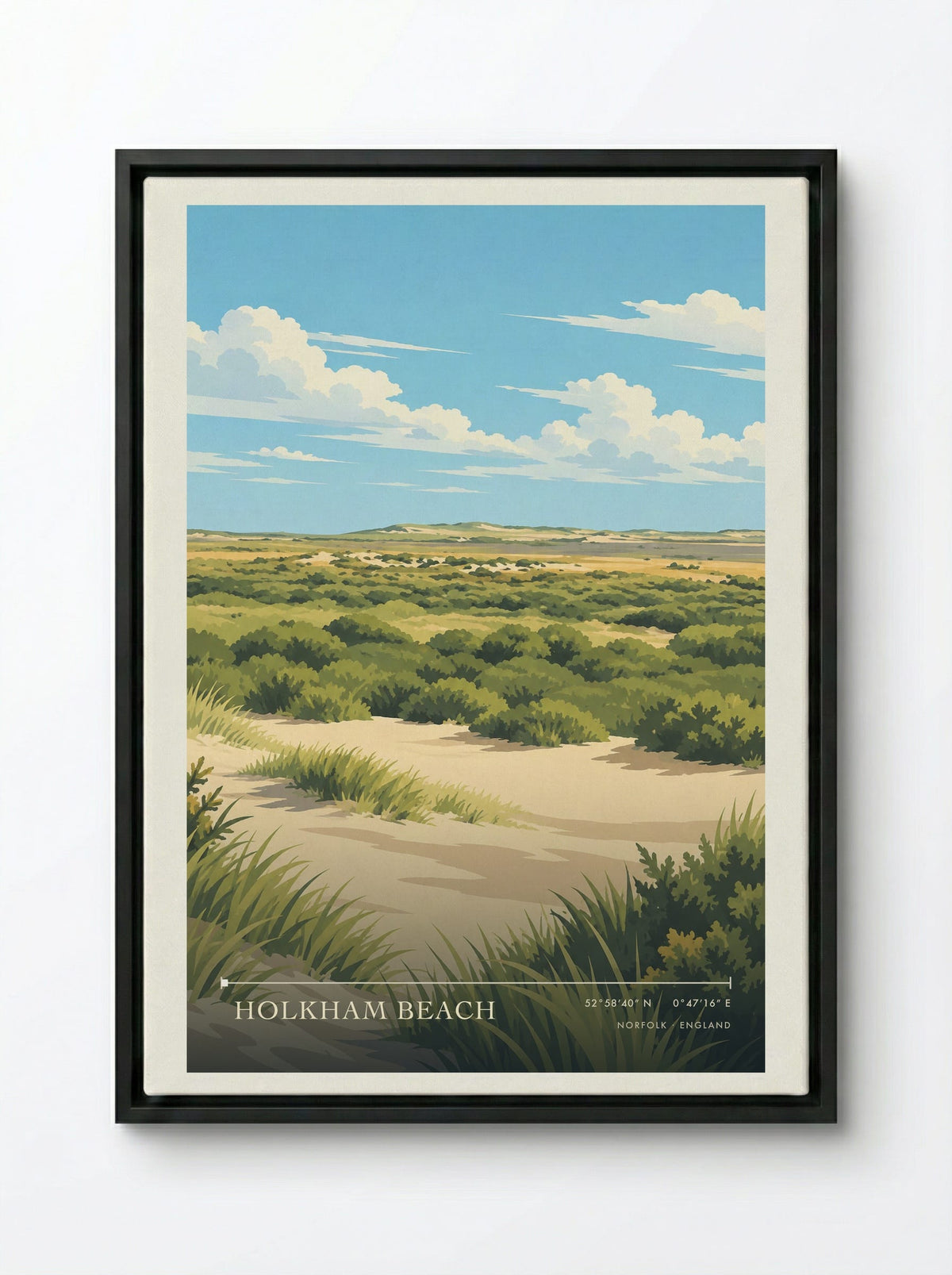 Holkham Beach, Norfolk | Travel Poster - Framed Canvas Black