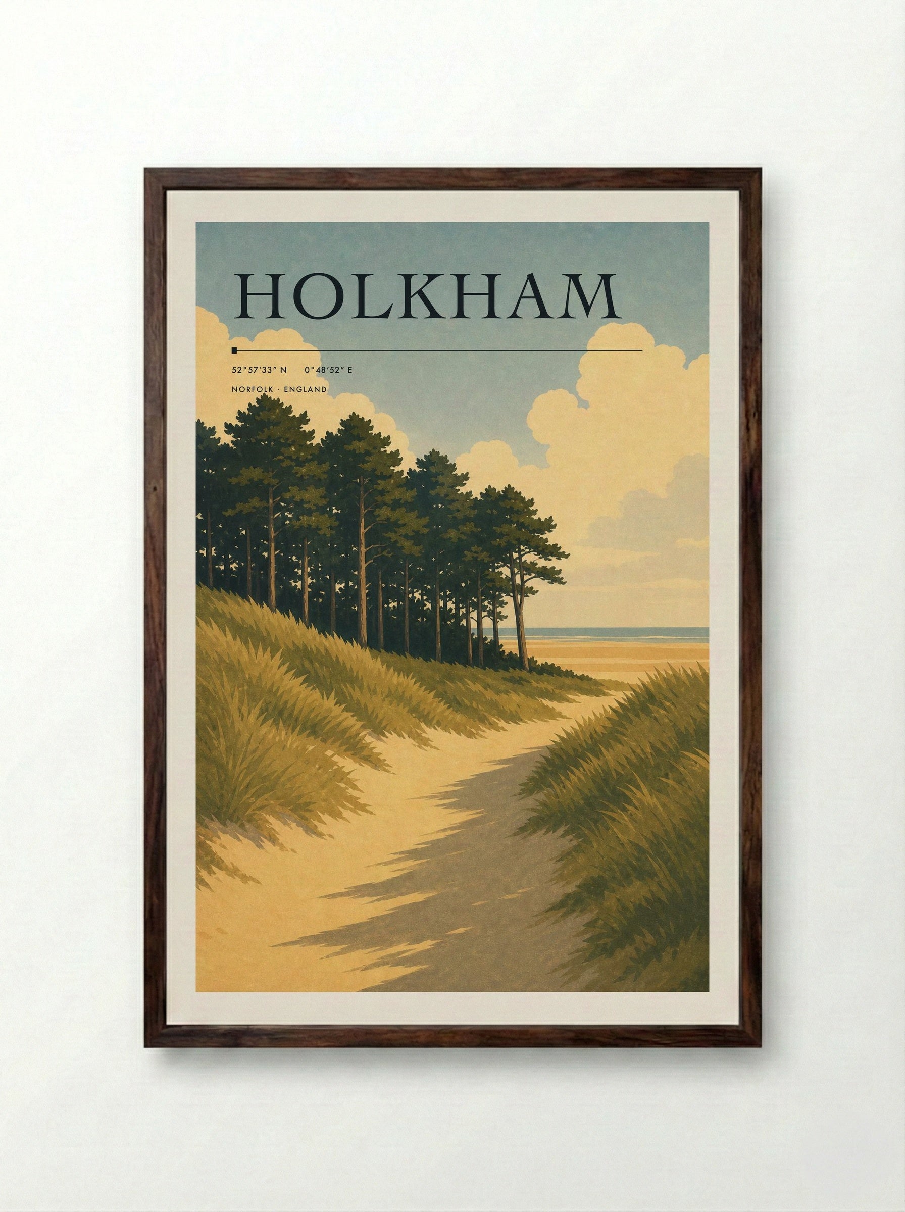 Holkham Norfolk Travel Poster - Framed Print Dark Wood