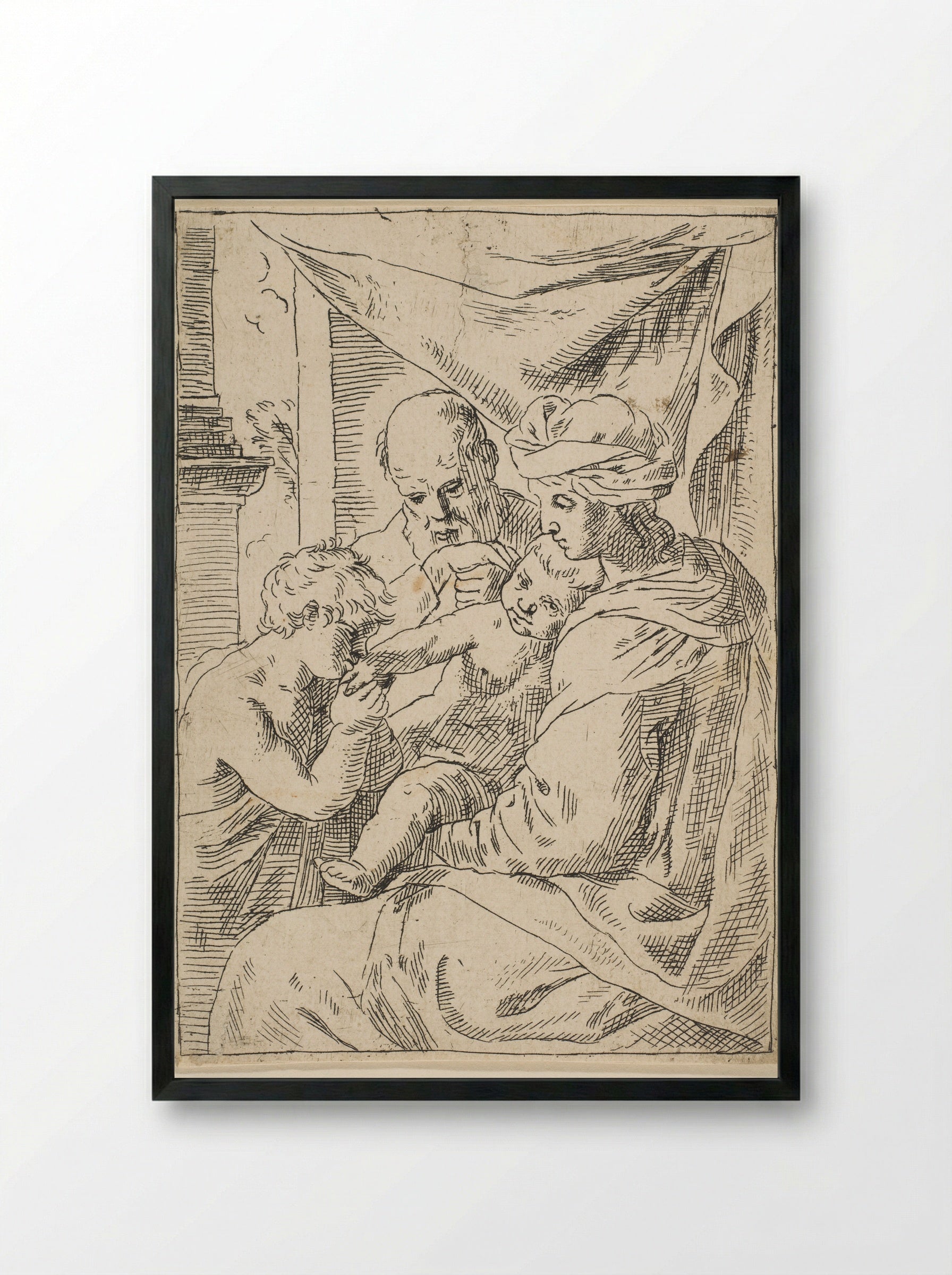 Holy Family, Saint John the Baptist kissing the hand of Christ - Simone Cantarini - Framed Print Black