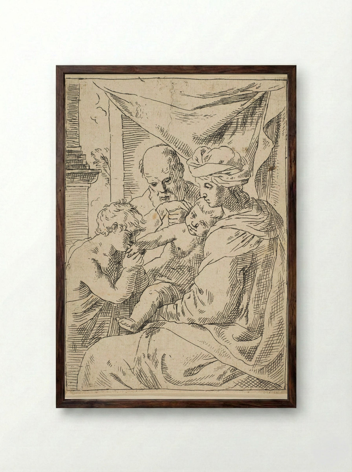 Holy Family, Saint John the Baptist kissing the hand of Christ - Simone Cantarini - Framed Print Dark Wood
