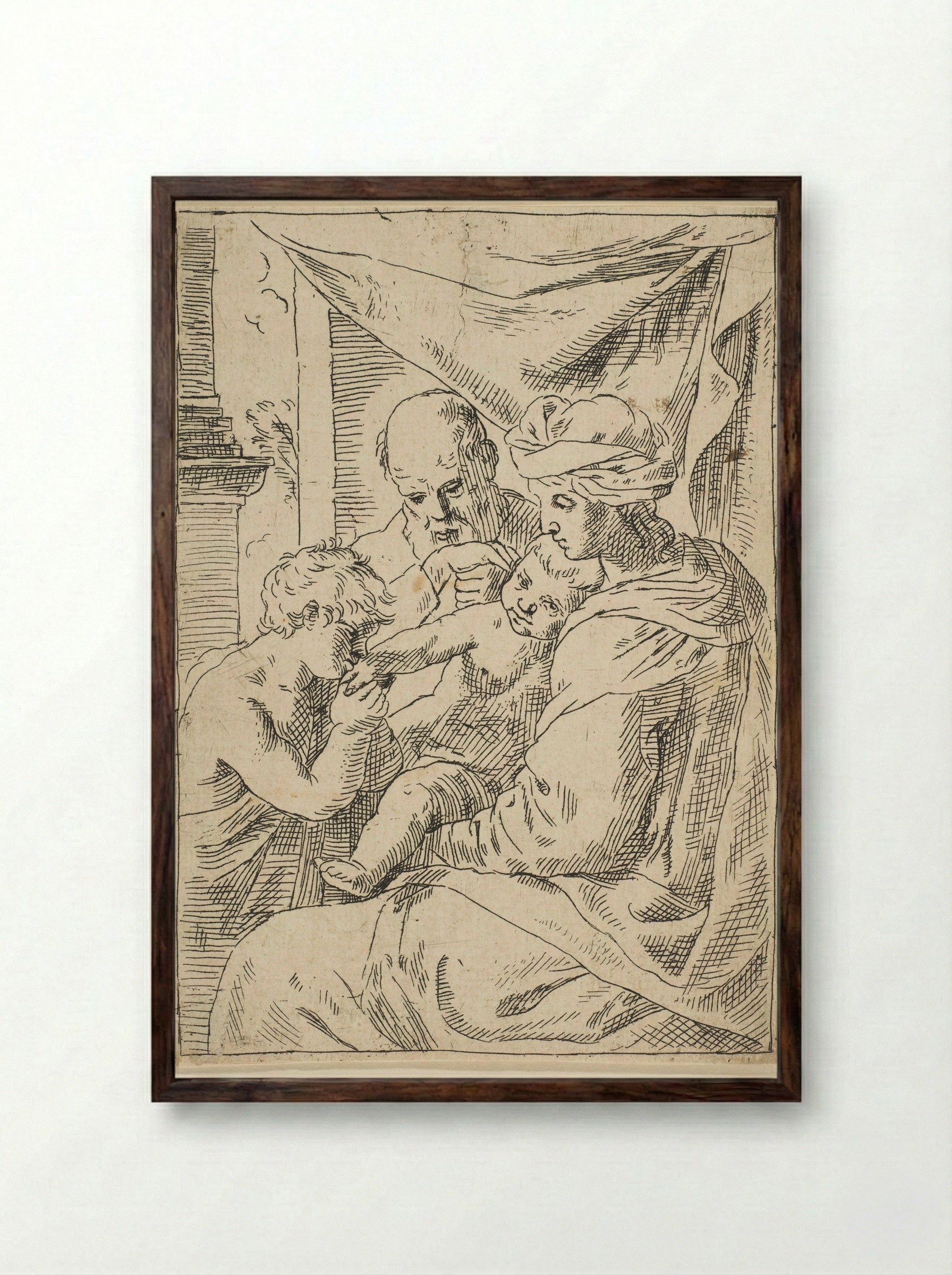 Holy Family, Saint John the Baptist kissing the hand of Christ - Simone Cantarini - Framed Print Dark Wood