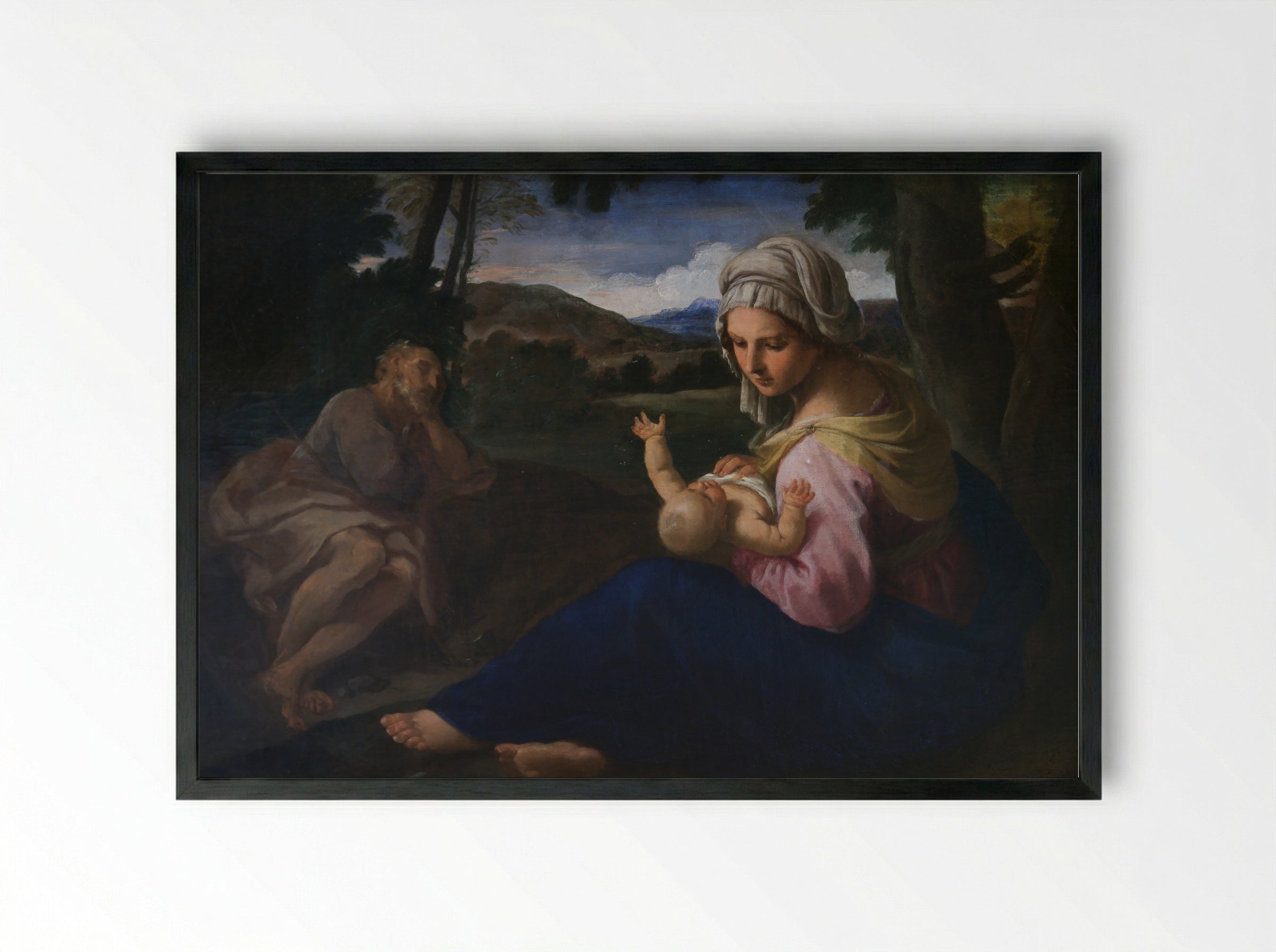 Holy Family at Rest on the Flight into Egypt - Simone Cantarini - Framed Print Black