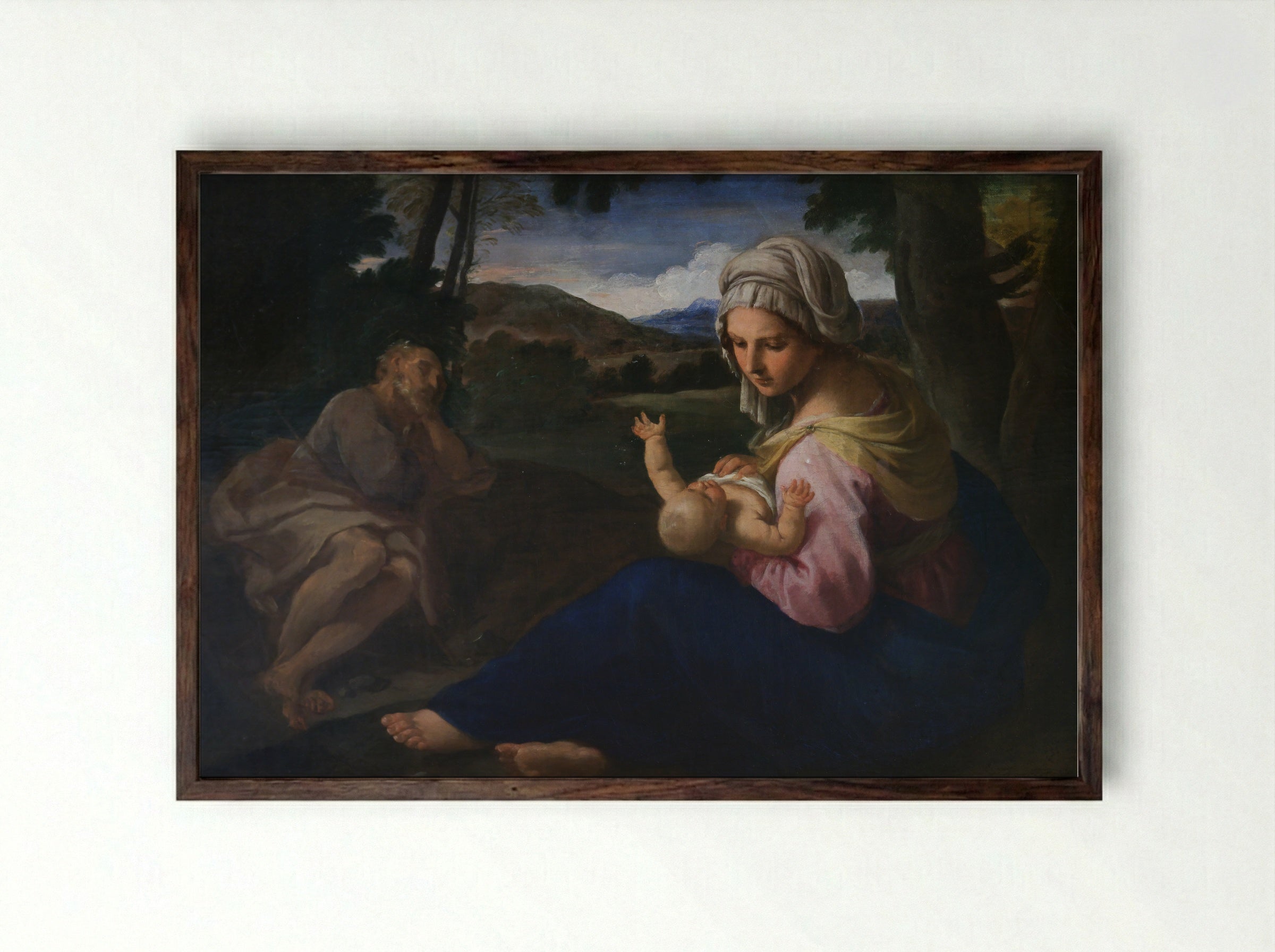 Holy Family at Rest on the Flight into Egypt - Simone Cantarini - Framed Print Dark Wood