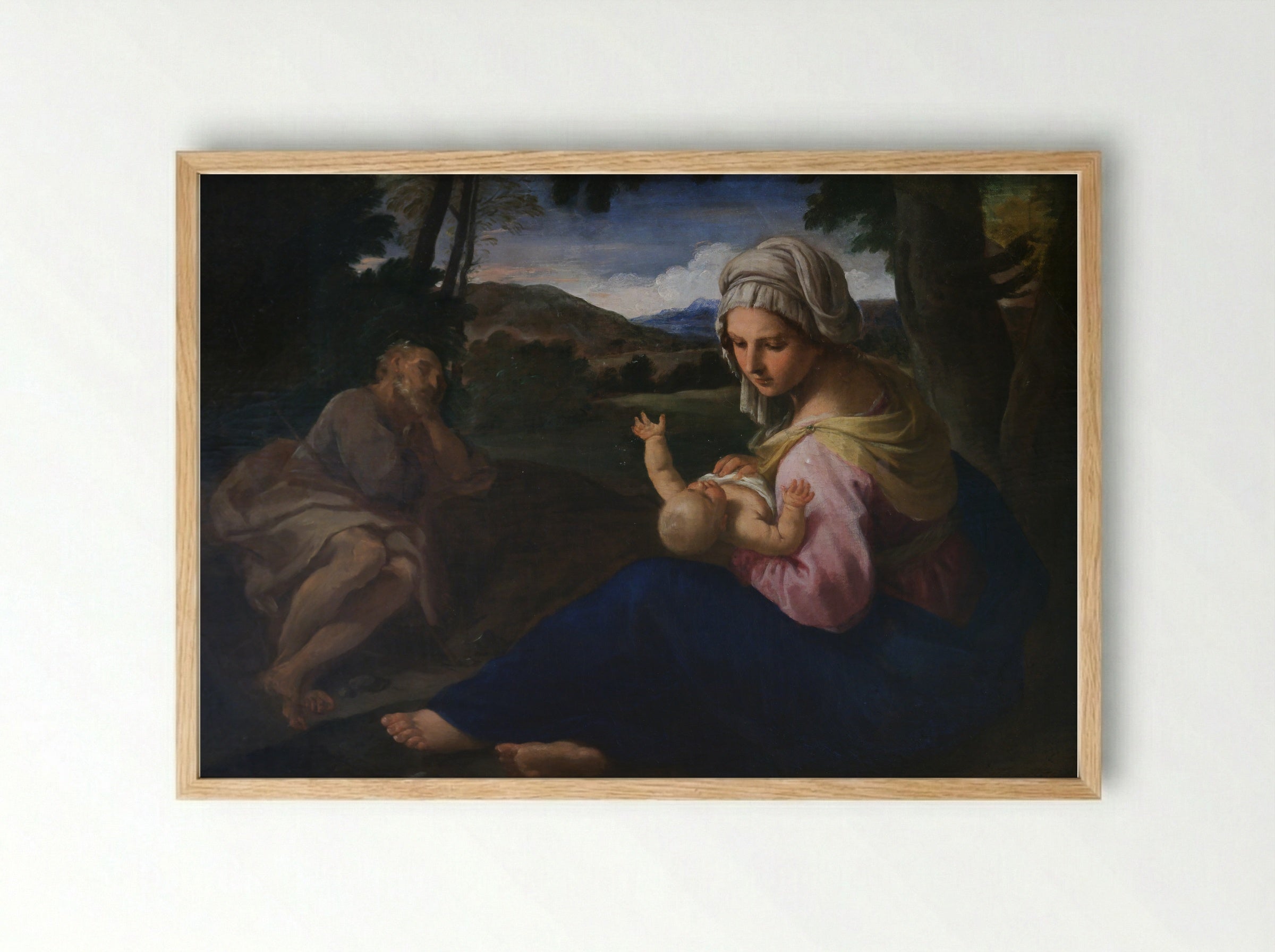 Holy Family at Rest on the Flight into Egypt - Simone Cantarini - Framed Print Wood