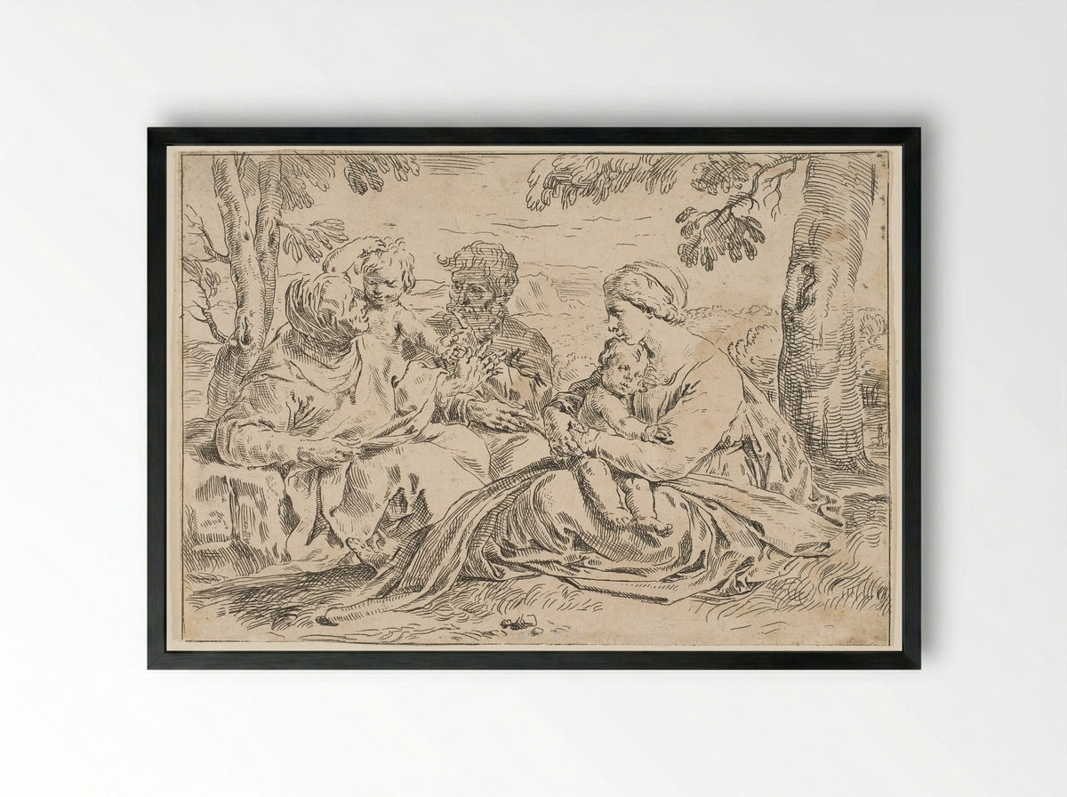 Holy Family with Saint Elizabeth and Saint John - Simone Cantarini - Framed Print Black