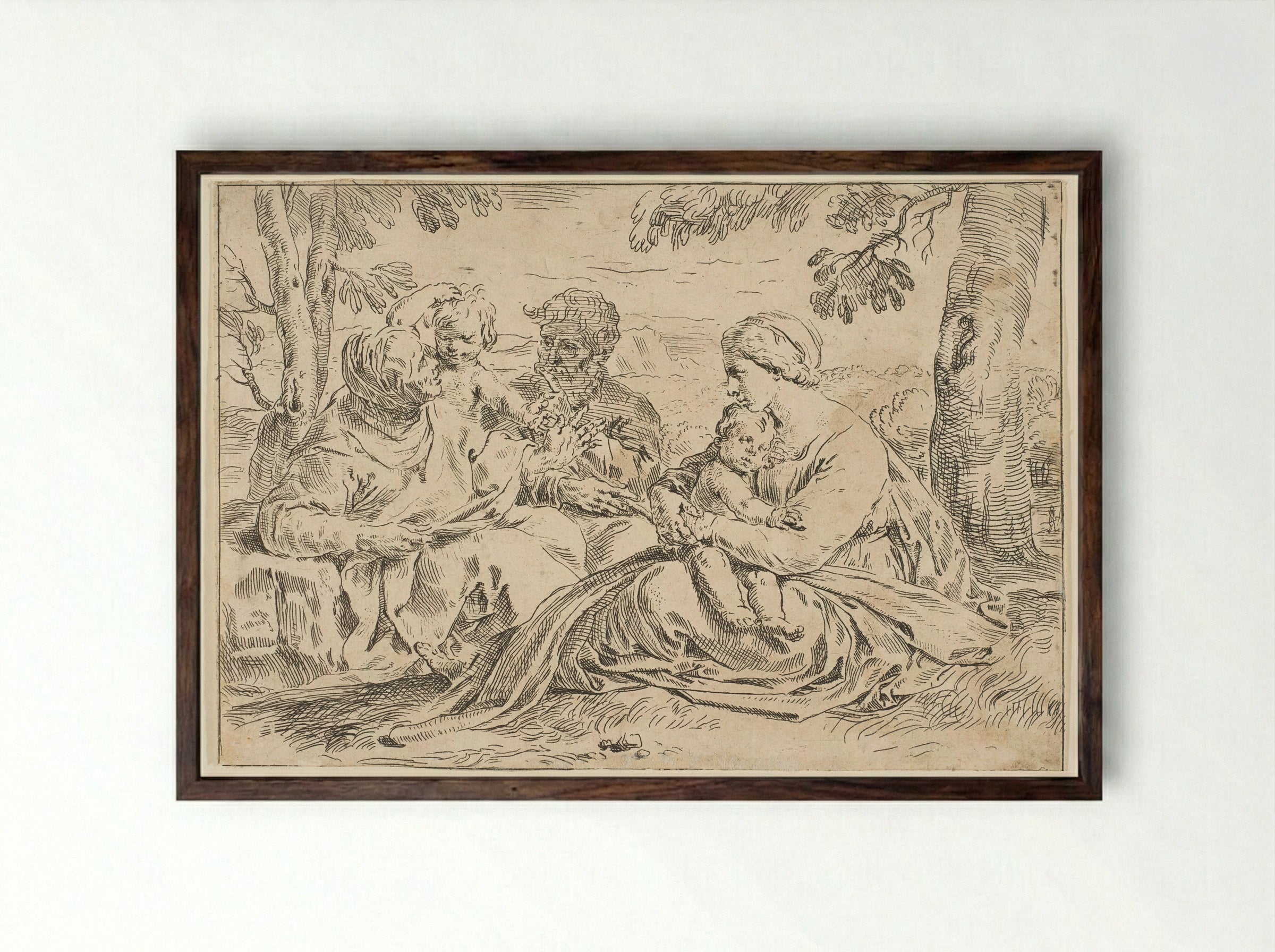 Holy Family with Saint Elizabeth and Saint John - Simone Cantarini - Framed Print Dark Wood